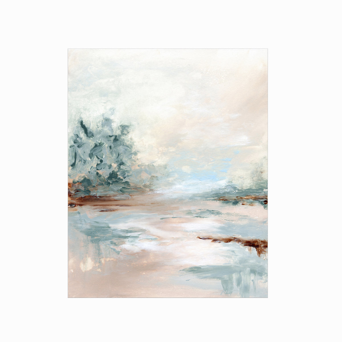 Halo is a luminous abstract landscape in warm beige, yellow cream, coral blush, blue green, jade green, cognac brown, light blue, pale gray, and white, unframed by NLS Design. Large neutral gallery wall art for living rooms, bedrooms, entryways, offices, bathrooms, and above the couch and above the bed. Contemporary coastal, warm quiet luxury, soft muted. Vertical sizes, 8x10, 11x14, 16x20, 18x24, 24x36, 30x40, 40x60 inches. Artwork by NLS Design, nlsdesignllc.com. Real art by a real artist. No AI