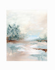 Halo is a luminous abstract landscape in warm beige, yellow cream, coral blush, blue green, jade green, cognac brown, light blue, pale gray, and white, unframed by NLS Design. Large neutral gallery wall art for living rooms, bedrooms, entryways, offices, bathrooms, and above the couch and above the bed. Contemporary coastal, warm quiet luxury, soft muted. Vertical sizes, 8x10, 11x14, 16x20, 18x24, 24x36, 30x40, 40x60 inches. Artwork by NLS Design, nlsdesignllc.com. Real art by a real artist. No AI