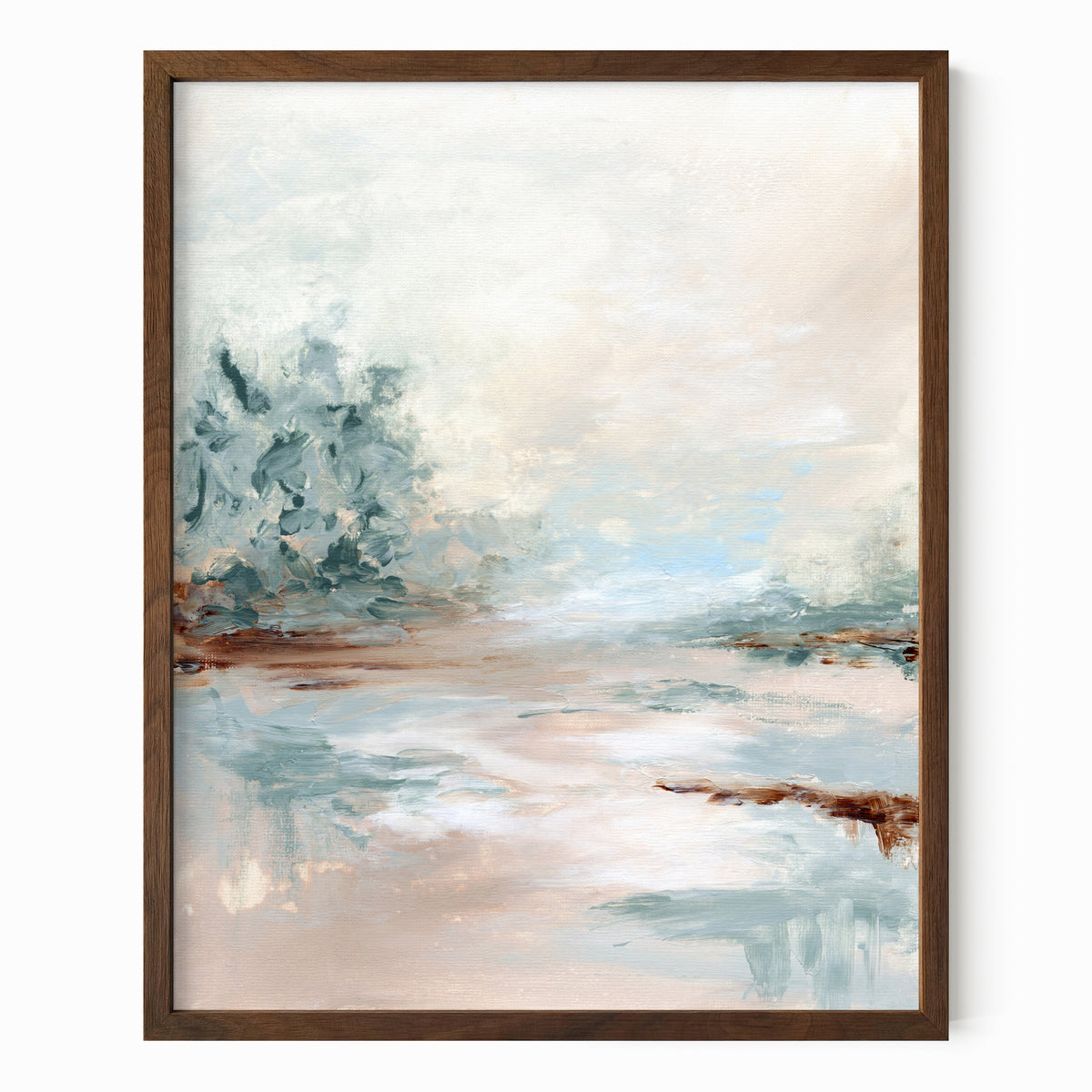 Halo is a luminous abstract landscape in warm beige, yellow cream, coral blush, blue green, jade green, cognac brown, light blue, pale gray, and white, walnut oak frame by NLS Design. Large neutral gallery wall art for living rooms, bedrooms, entryways, offices, bathrooms, and above the couch and above the bed. Contemporary coastal, warm quiet luxury, soft muted. Vertical sizes, 8x10, 11x14, 16x20, 18x24, 24x36, 30x40, 40x60 inches. Artwork by NLS Design, nlsdesignllc.com. Real art by a real artist. No AI