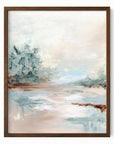 Halo is a luminous abstract landscape in warm beige, yellow cream, coral blush, blue green, jade green, cognac brown, light blue, pale gray, and white, walnut oak frame by NLS Design. Large neutral gallery wall art for living rooms, bedrooms, entryways, offices, bathrooms, and above the couch and above the bed. Contemporary coastal, warm quiet luxury, soft muted. Vertical sizes, 8x10, 11x14, 16x20, 18x24, 24x36, 30x40, 40x60 inches. Artwork by NLS Design, nlsdesignllc.com. Real art by a real artist. No AI