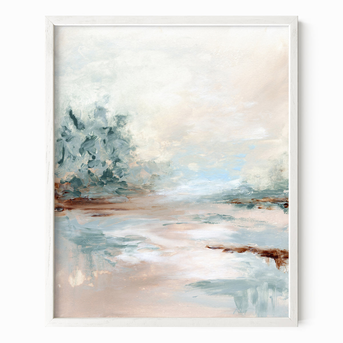 Halo is a luminous abstract landscape in warm beige, yellow cream, coral blush, blue green, jade green, cognac brown, light blue, pale gray, and white, white oak frame by NLS Design. Large neutral gallery wall art for living rooms, bedrooms, entryways, offices, bathrooms, and above the couch and above the bed. Contemporary coastal, warm quiet luxury, soft muted. Vertical sizes, 8x10, 11x14, 16x20, 18x24, 24x36, 30x40, 40x60 inches. Artwork by NLS Design, nlsdesignllc.com. Real art by a real artist. No AI