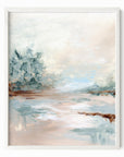 Halo is a luminous abstract landscape in warm beige, yellow cream, coral blush, blue green, jade green, cognac brown, light blue, pale gray, and white, white oak frame by NLS Design. Large neutral gallery wall art for living rooms, bedrooms, entryways, offices, bathrooms, and above the couch and above the bed. Contemporary coastal, warm quiet luxury, soft muted. Vertical sizes, 8x10, 11x14, 16x20, 18x24, 24x36, 30x40, 40x60 inches. Artwork by NLS Design, nlsdesignllc.com. Real art by a real artist. No AI