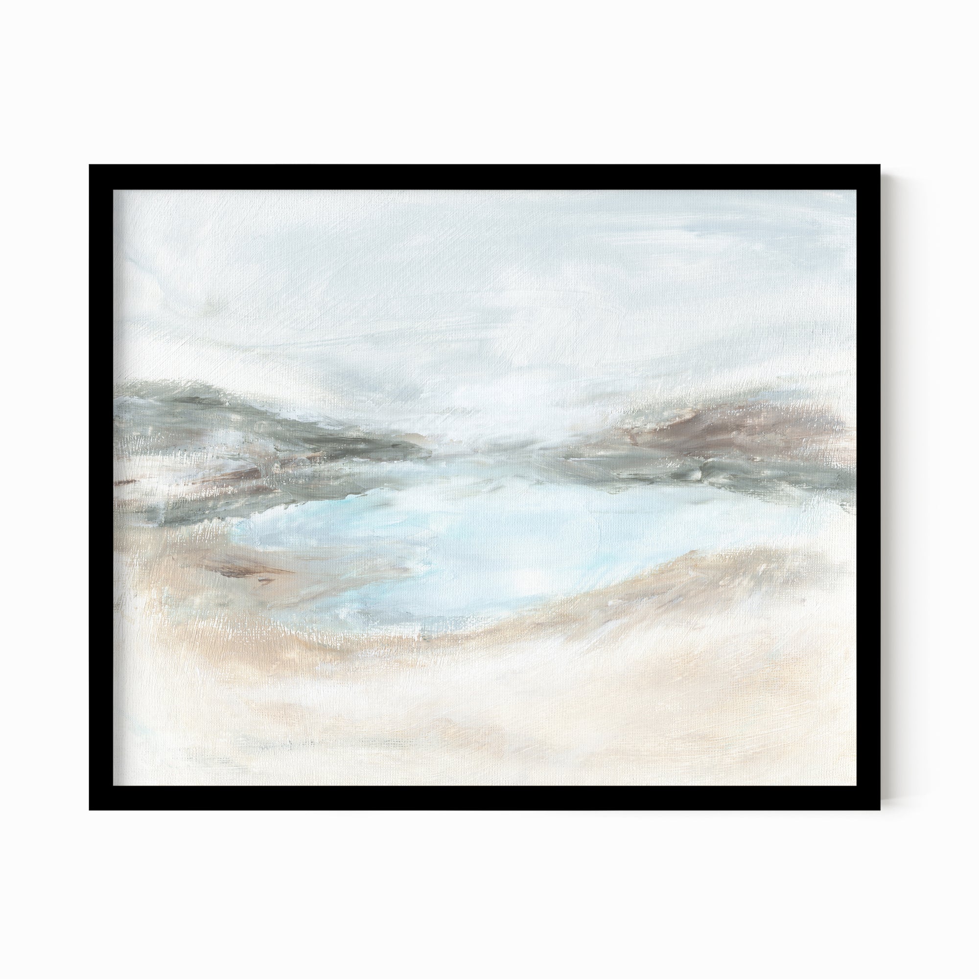 Hidden - abstract coastal beach lake landscape original painting fine are print in light blue, brown, cream, gray, green, beige and white; framed in black oak by NLS Design. Large neutral wall art for living rooms, bedrooms, entryways, offices, bathrooms, and above sofas and beds. nlsdesignllc.com