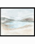 Hidden - abstract coastal beach lake landscape original painting fine are print in light blue, brown, cream, gray, green, beige and white; framed in black oak by NLS Design. Large neutral wall art for living rooms, bedrooms, entryways, offices, bathrooms, and above sofas and beds. nlsdesignllc.com