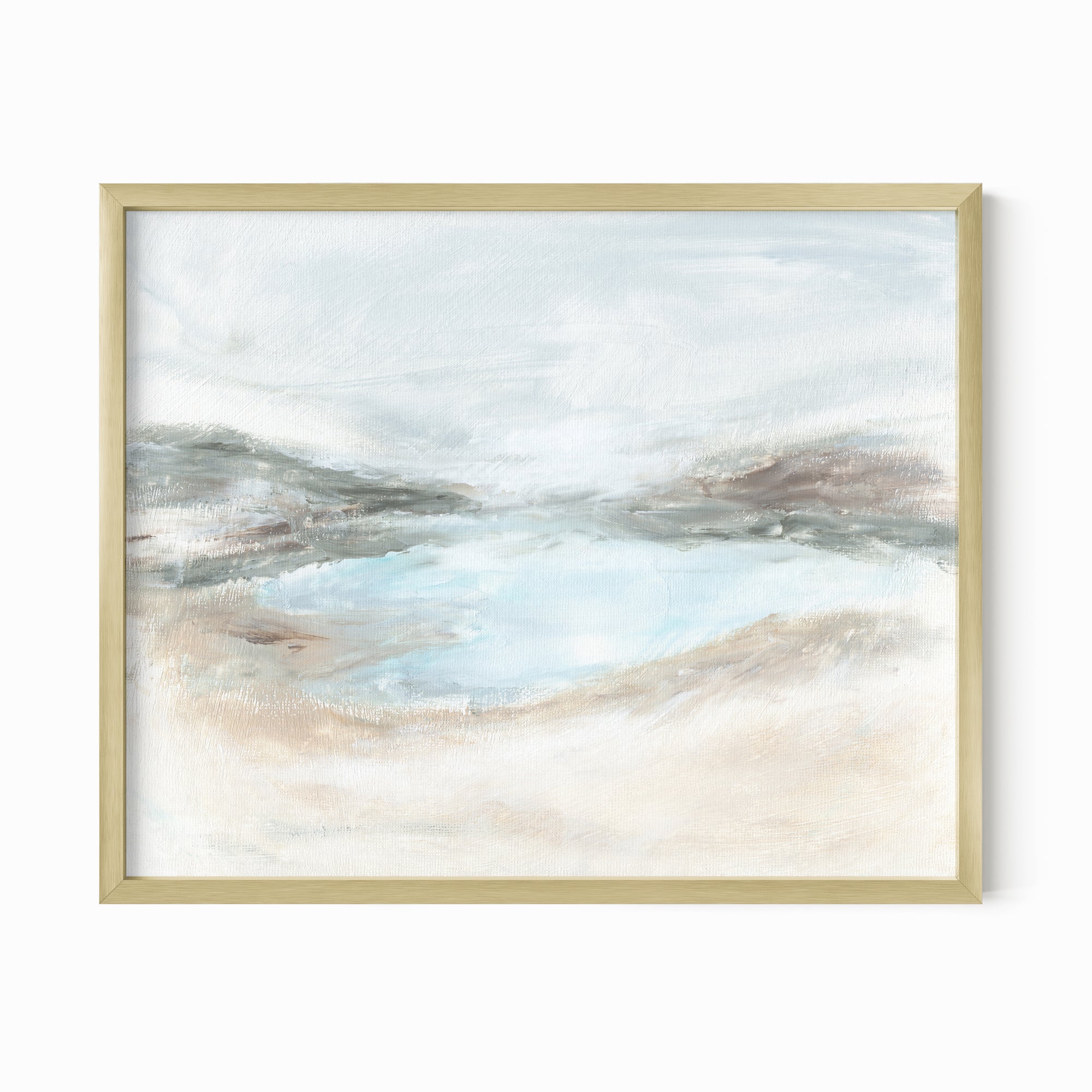 Hidden - abstract coastal beach lake landscape original painting fine are print in light blue, brown, cream, gray, green, beige and white; framed in gold metal by NLS Design. Large neutral wall art for living rooms, bedrooms, entryways, offices, bathrooms, and above sofas and beds. nlsdesignllc.com