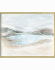 Hidden - abstract coastal beach lake landscape original painting fine are print in light blue, brown, cream, gray, green, beige and white; framed in gold metal by NLS Design. Large neutral wall art for living rooms, bedrooms, entryways, offices, bathrooms, and above sofas and beds. nlsdesignllc.com