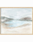 Hidden - abstract coastal beach lake landscape original painting fine are print in light blue, brown, cream, gray, green, beige and white; framed in natural oak by NLS Design. Large neutral wall art for living rooms, bedrooms, entryways, offices, bathrooms, and above sofas and beds. nlsdesignllc.com