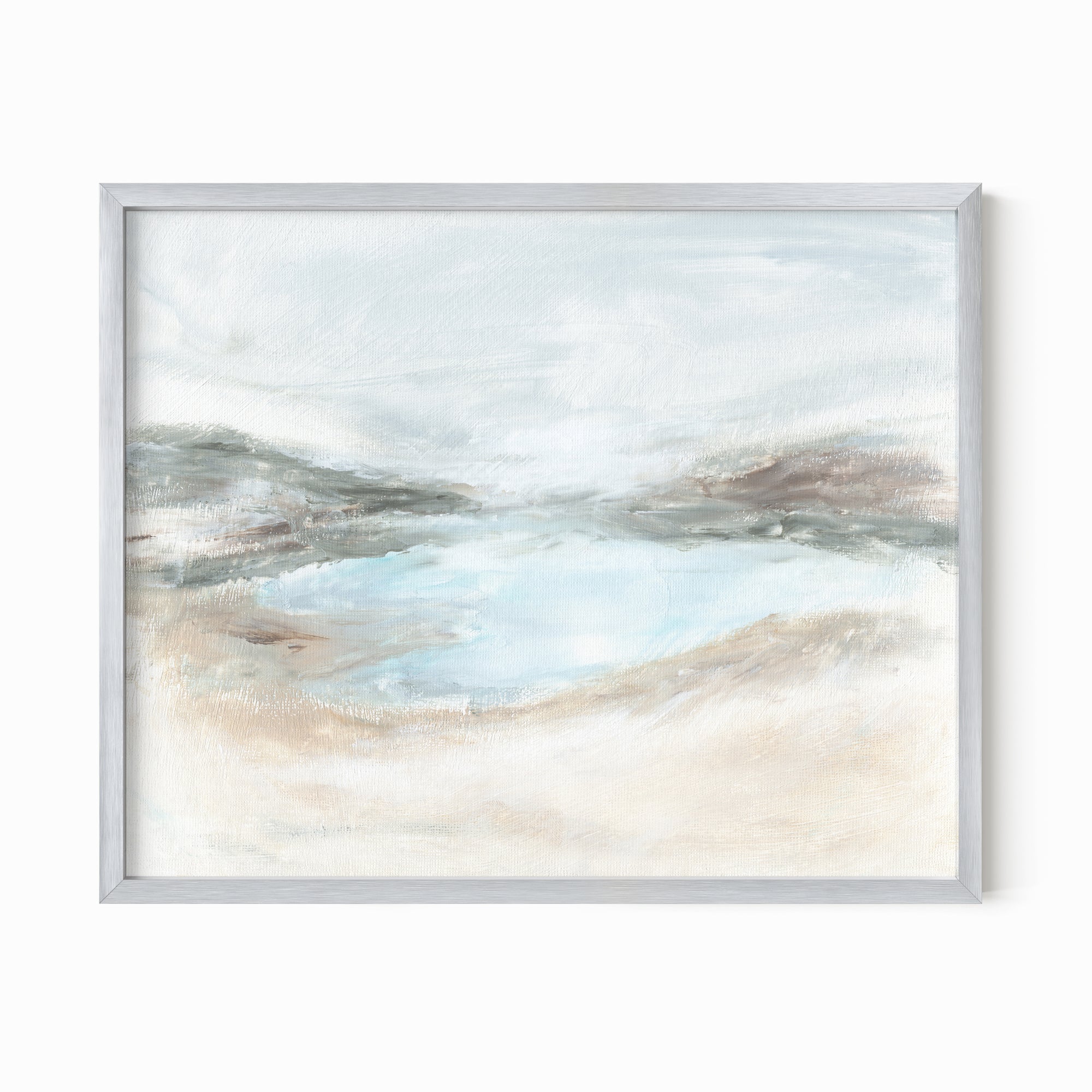 Hidden - abstract coastal beach lake landscape original painting fine are print in light blue, brown, cream, gray, green, beige and white; framed in silver metal by NLS Design. Large neutral wall art for living rooms, bedrooms, entryways, offices, bathrooms, and above sofas and beds. nlsdesignllc.com