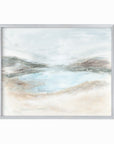 Hidden - abstract coastal beach lake landscape original painting fine are print in light blue, brown, cream, gray, green, beige and white; framed in silver metal by NLS Design. Large neutral wall art for living rooms, bedrooms, entryways, offices, bathrooms, and above sofas and beds. nlsdesignllc.com