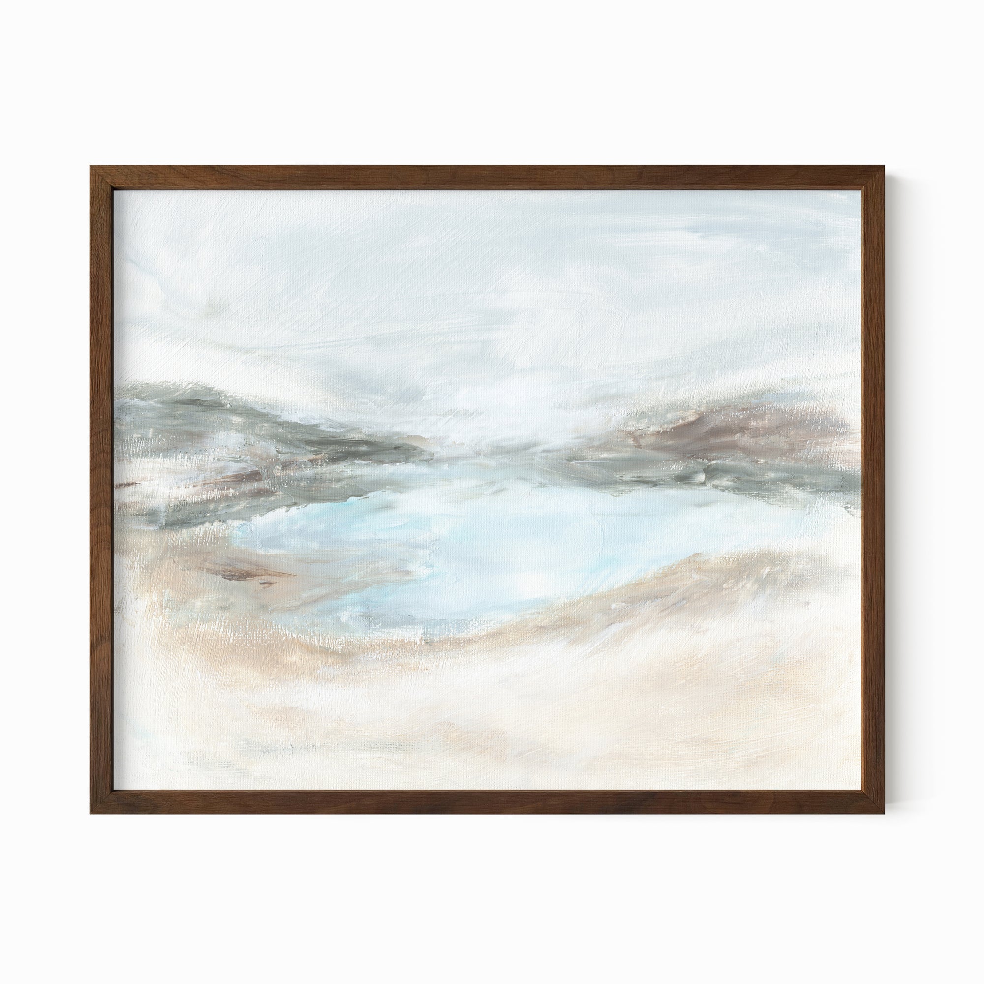 Hidden - abstract coastal beach lake landscape original painting fine are print in light blue, brown, cream, gray, green, beige and white; framed in walnut oak by NLS Design. Large neutral wall art for living rooms, bedrooms, entryways, offices, bathrooms, and above sofas and beds. nlsdesignllc.com