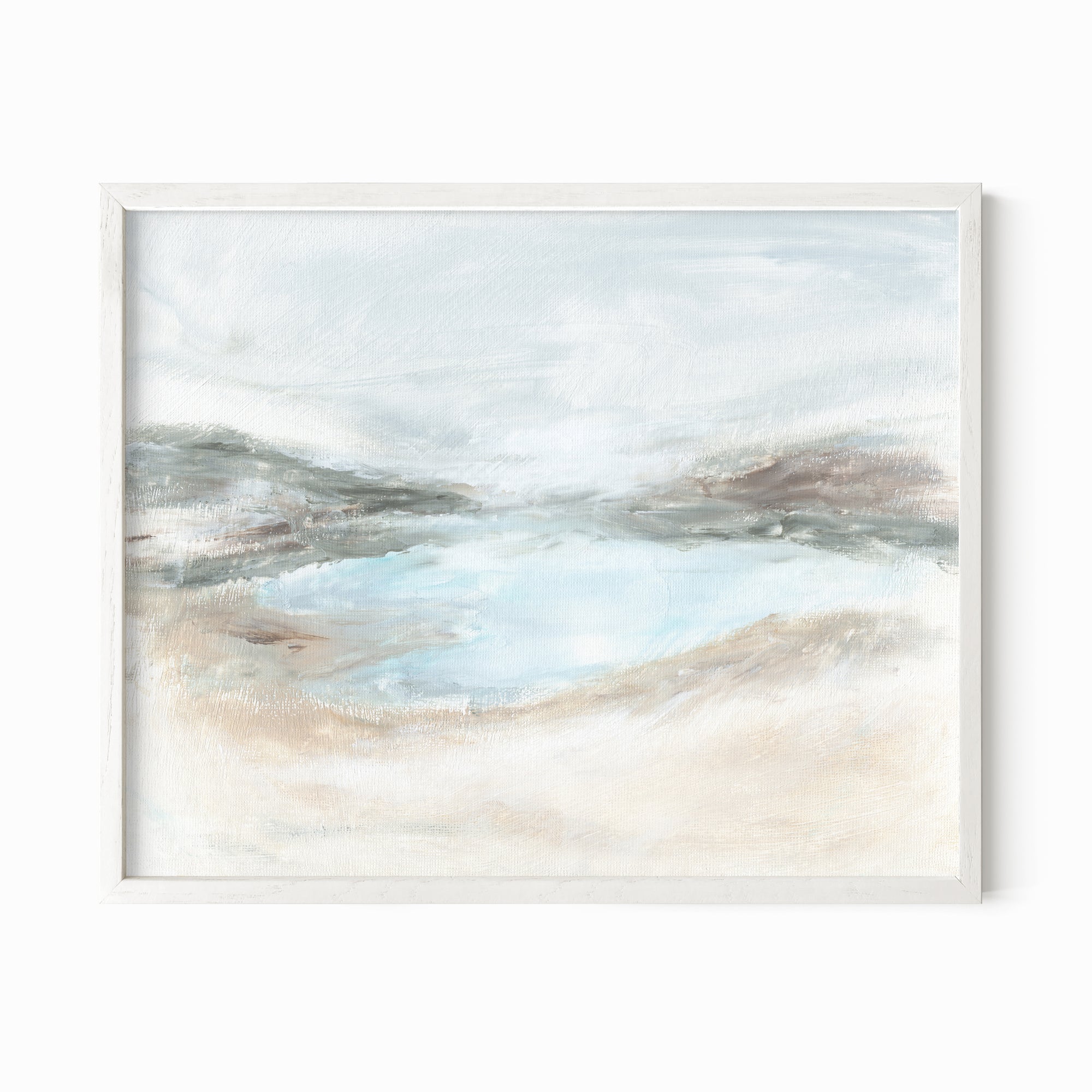 Hidden - abstract coastal beach lake landscape original painting fine are print in light blue, brown, cream, gray, green, beige and white; framed in white oak by NLS Design. Large neutral wall art for living rooms, bedrooms, entryways, offices, bathrooms, and above sofas and beds. nlsdesignllc.com