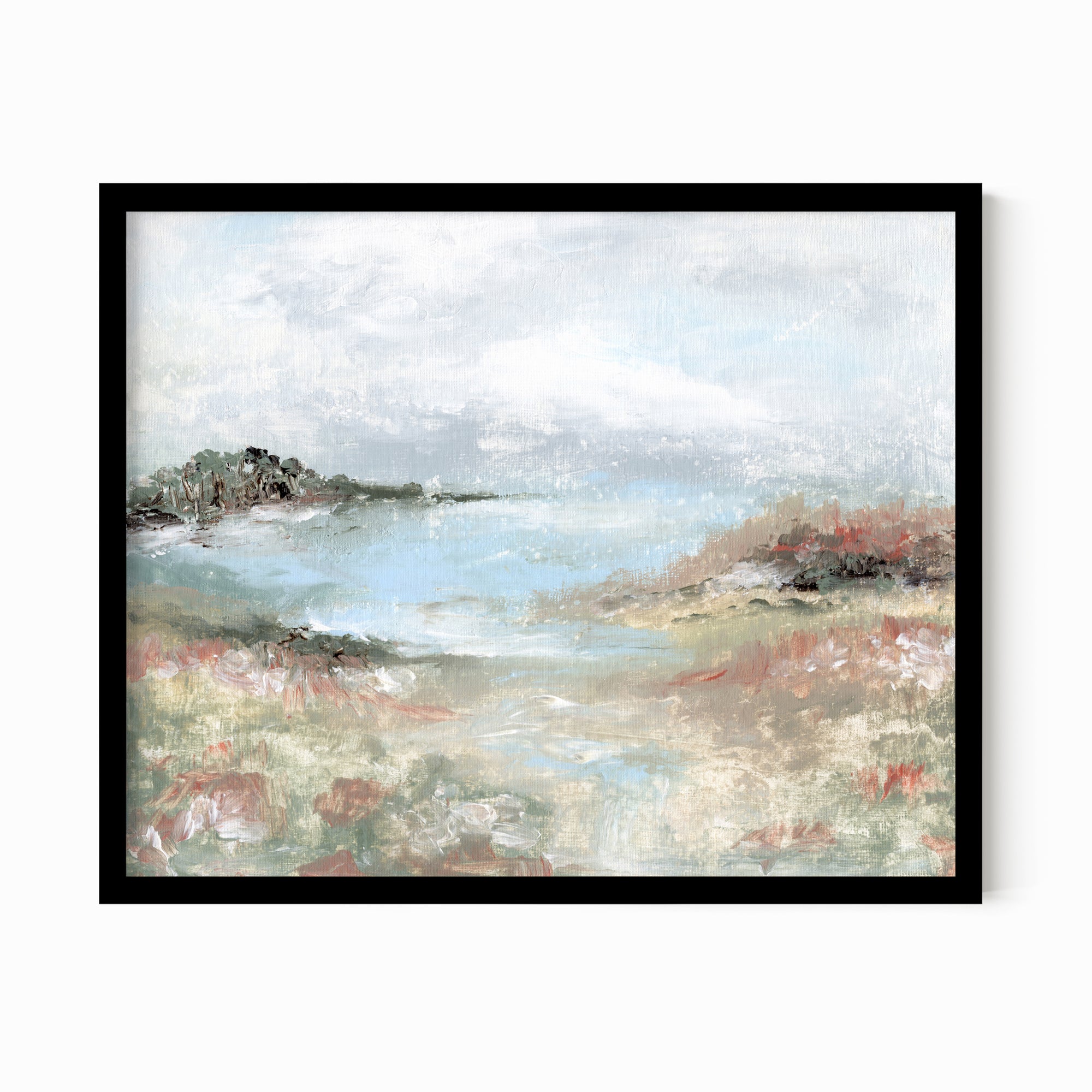 Hidden Light - warm neutral landscape painting fine are print combining earthy greens and blue green with light gray, light blue, creamy yellow, terra cotta, dusty pinks, muted red, deep browns, beige, tan, and white; black oak by NLS Design. Large neutral wall art for living rooms, bedrooms, entryways, offices, bathrooms, and above couch and bed. Modern farmhouse, cottage, rustic impressionistic, country. Pottery Barn dupe, Serena &amp; Lily, McGee style. Real art by a real artist - NO AI. nlsdesignllc.com. 