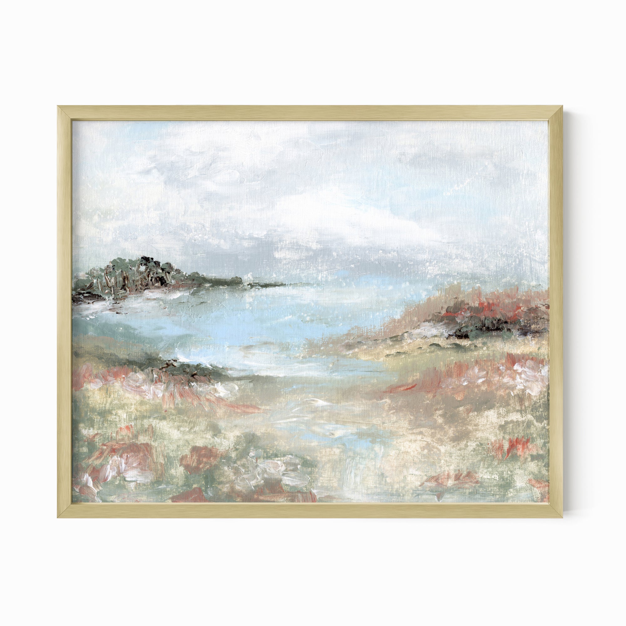 Hidden Light - warm neutral landscape painting fine are print combining earthy greens and blue green with light gray, light blue, creamy yellow, terra cotta, dusty pinks, muted red, deep browns, beige, tan, and white; gold metal by NLS Design. Large neutral wall art for living rooms, bedrooms, entryways, offices, bathrooms, and above couch and bed. Modern farmhouse, cottage, rustic impressionistic, country. Pottery Barn dupe, Serena &amp; Lily, McGee style. Real art by a real artist - NO AI. nlsdesignllc.com. 