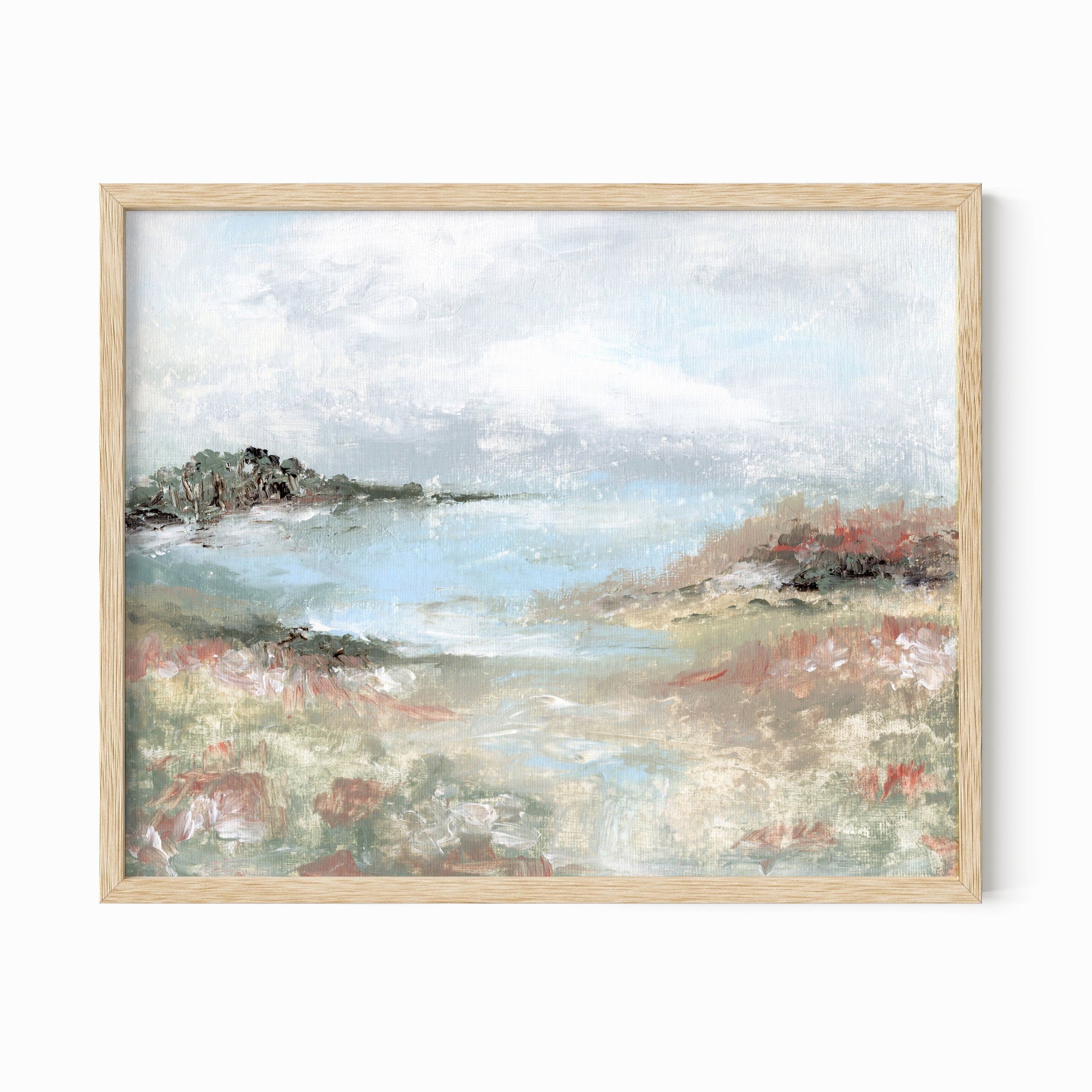 Hidden Light - warm neutral landscape painting fine are print combining earthy greens and blue green with light gray, light blue, creamy yellow, terra cotta, dusty pinks, muted red, deep browns, beige, tan, and white; natural oak by NLS Design. Large neutral wall art for living rooms, bedrooms, entryways, offices, bathrooms, and above couch and bed. Modern farmhouse, cottage, rustic impressionistic, country. Pottery Barn dupe, Serena & Lily, McGee style. Real art by a real artist - NO AI. nlsdesignllc.com. 