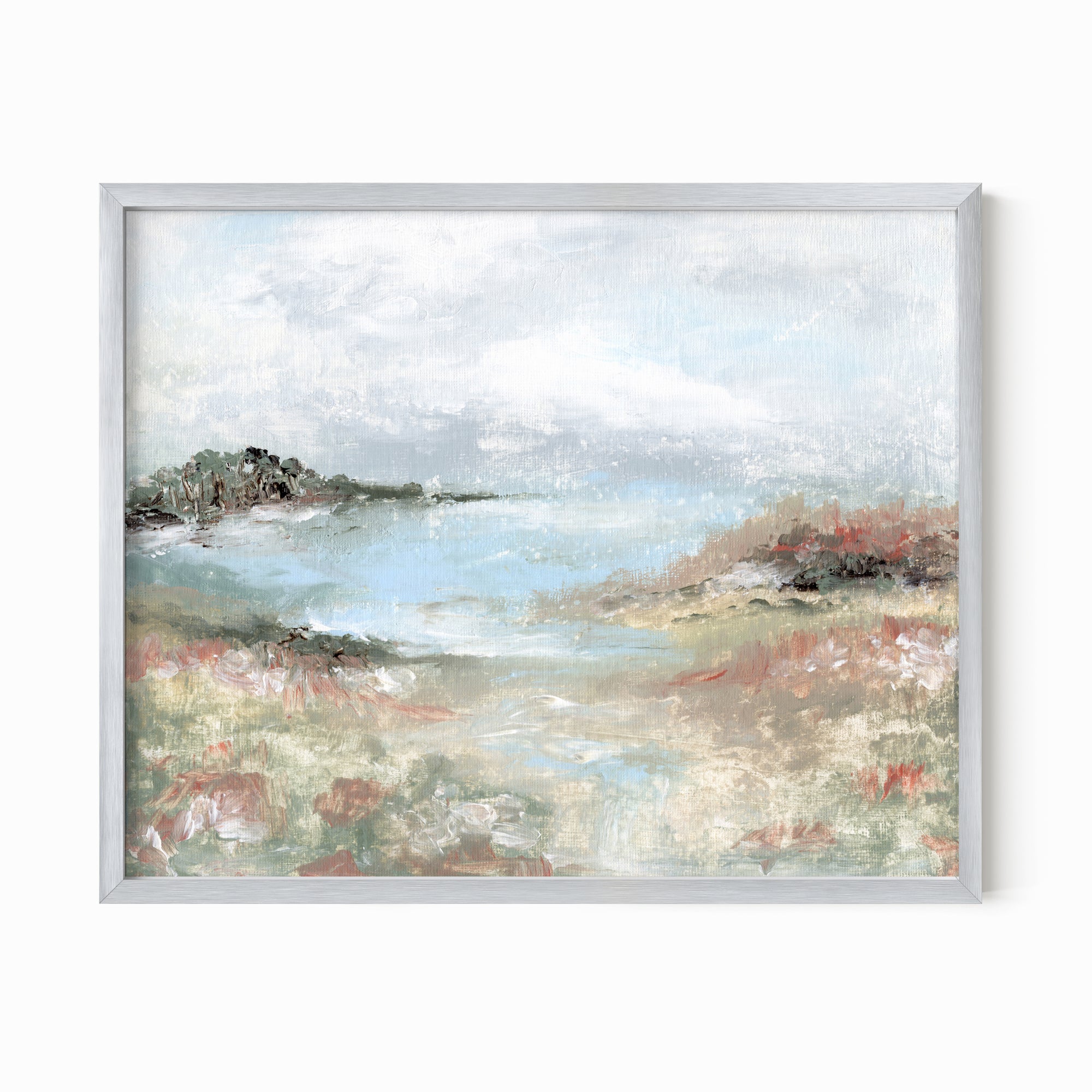 Hidden Light - warm neutral landscape painting fine are print combining earthy greens and blue green with light gray, light blue, creamy yellow, terra cotta, dusty pinks, muted red, deep browns, beige, tan, and white; silver metal by NLS Design. Large neutral wall art for living rooms, bedrooms, entryways, offices, bathrooms, and above couch and bed. Modern farmhouse, cottage, rustic impressionistic, country. Pottery Barn dupe, Serena &amp; Lily, McGee style. Real art by a real artist - NO AI. nlsdesignllc.com