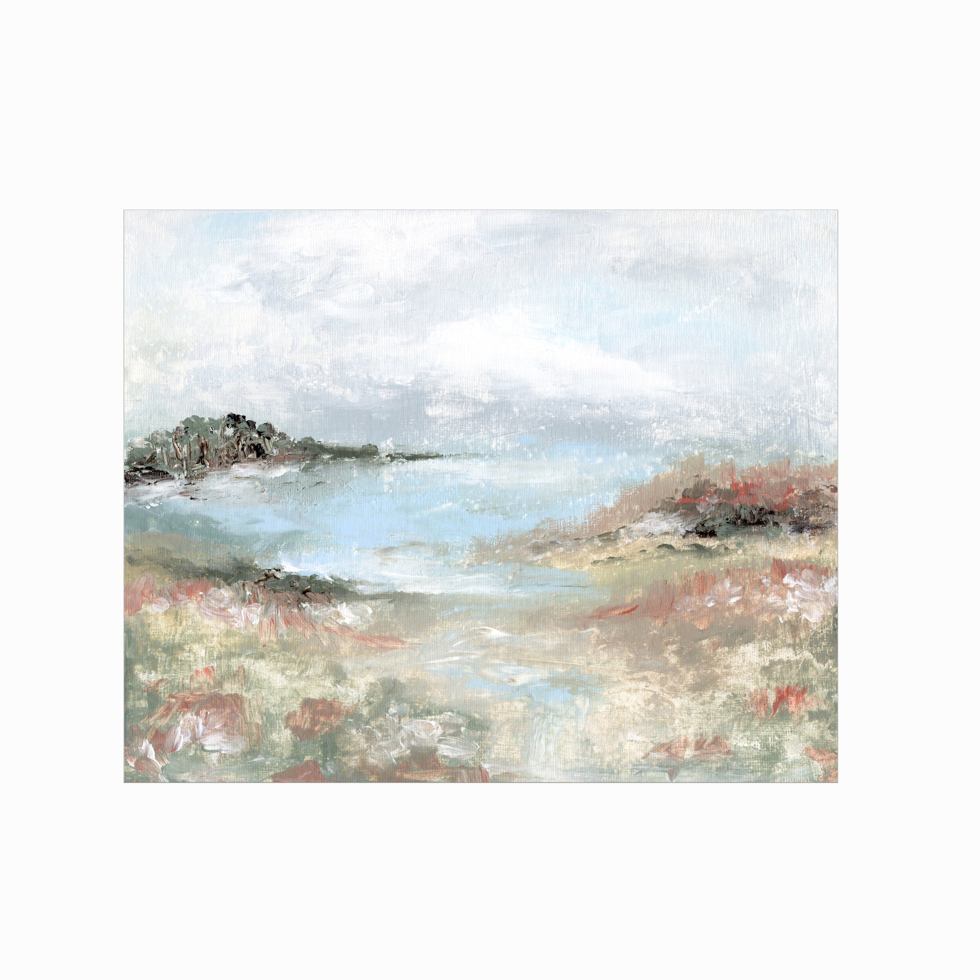 Hidden Light - warm neutral landscape painting fine are print combining earthy greens and blue green with light gray, light blue, creamy yellow, terra cotta, dusty pinks, muted red, deep browns, beige, tan, and white; unframed by NLS Design. Large neutral wall art for living rooms, bedrooms, entryways, offices, bathrooms, and above couch and bed. Modern farmhouse, cottage, rustic impressionistic, country. Pottery Barn dupe, Serena & Lily and McGee style. Real art by a real artist - NO AI. nlsdesignllc.com. 