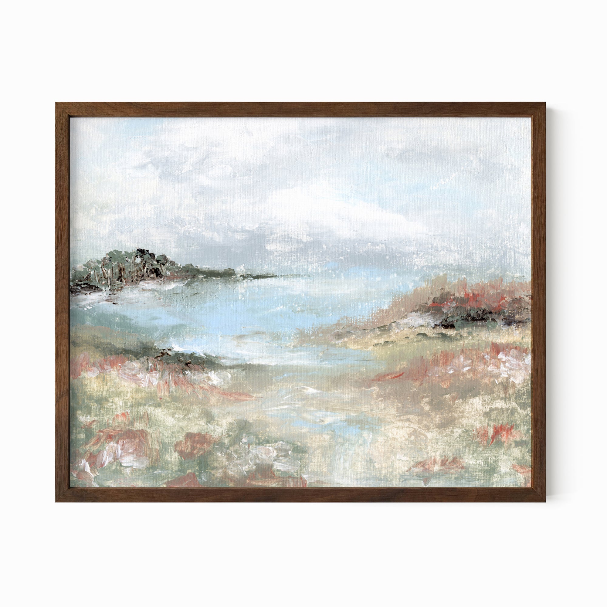 Hidden Light - warm neutral landscape painting fine are print combining earthy greens and blue green with light gray, light blue, creamy yellow, terra cotta, dusty pinks, muted red, deep browns, beige, tan, and white; walnut oak by NLS Design. Large neutral wall art for living rooms, bedrooms, entryways, offices, bathrooms, and above couch and bed. Modern farmhouse, cottage, rustic impressionistic, country. Pottery Barn dupe, Serena &amp; Lily, McGee style. Real art by a real artist - NO AI. nlsdesignllc.com. 