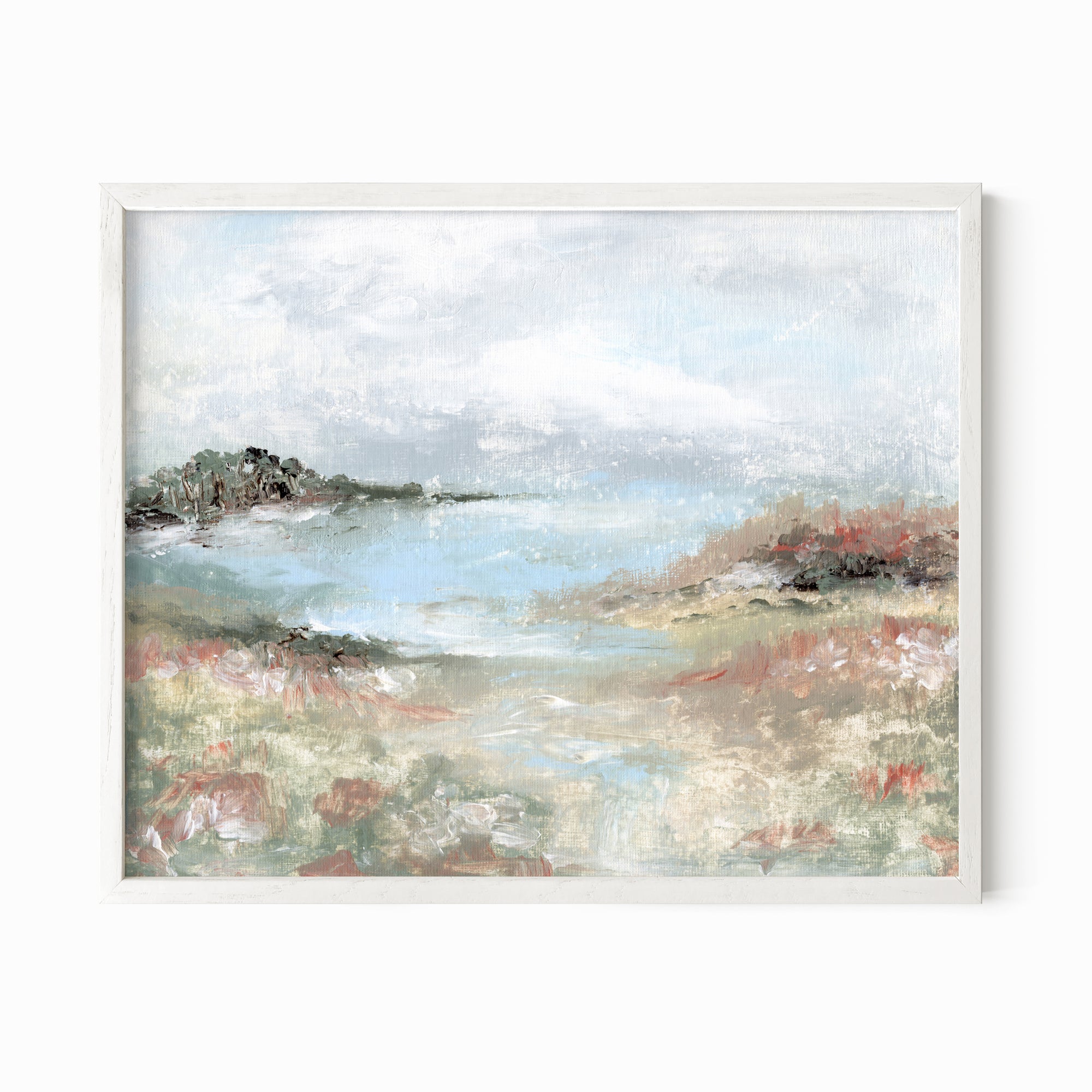 Hidden Light - warm neutral landscape painting fine are print combining earthy greens and blue green with light gray, light blue, creamy yellow, terra cotta, dusty pinks, muted red, deep browns, beige, tan, and white; white oak by NLS Design. Large neutral wall art for living rooms, bedrooms, entryways, offices, bathrooms, and above couch and bed. Modern farmhouse, cottage, rustic impressionistic, country. Pottery Barn dupe, Serena &amp; Lily, McGee style. Real art by a real artist - NO AI. nlsdesignllc.com. 