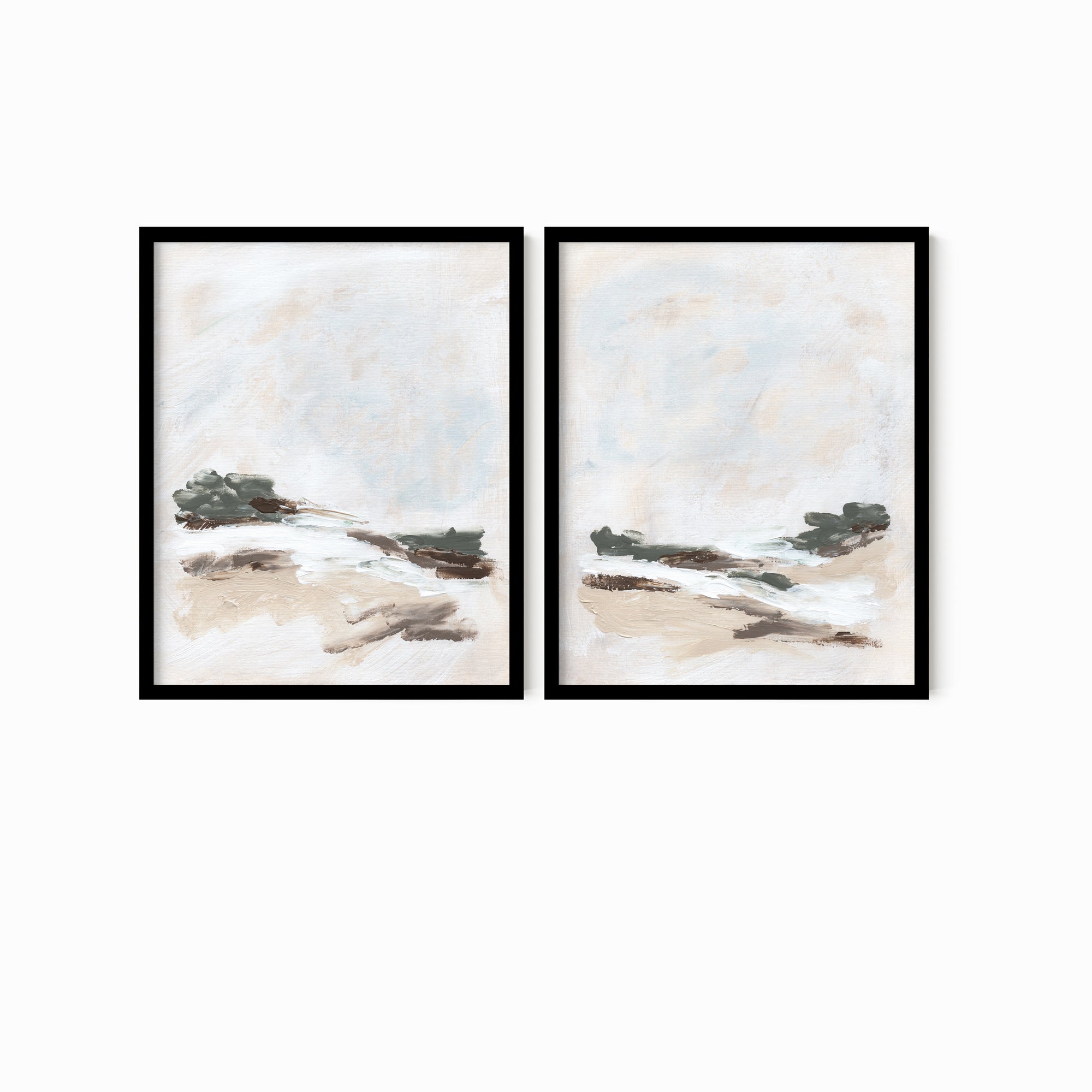 Set of 2 Kindred - abstract landscape original painting fine are print set of 2 (diptych) in muted green, beige, brown, white, light gray and white; framed in black oak by NLS Design. Large neutral wall art for living rooms, bedrooms, entryways, offices, bathrooms, and above sofas and beds. Modern farmhouse, rustic, modern, minimalist, vintage design. nlsdesignllc.com