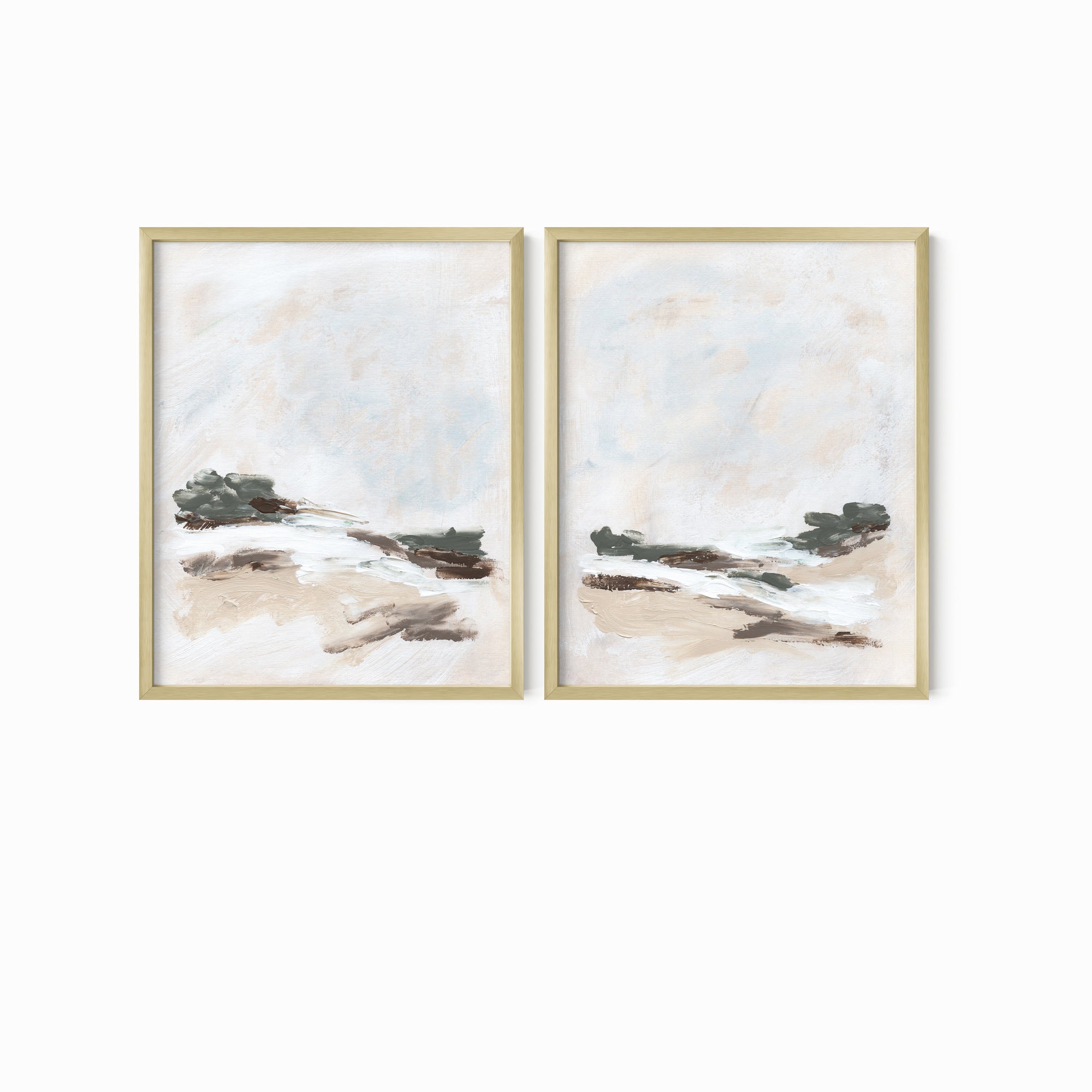 Set of 2 Kindred - abstract landscape original painting fine are print set of 2 (diptych) in muted green, beige, brown, white, light gray and white; framed in gold metal by NLS Design. Large neutral wall art for living rooms, bedrooms, entryways, offices, bathrooms, and above sofas and beds. Modern farmhouse, rustic, modern, minimalist, vintage design. nlsdesignllc.com