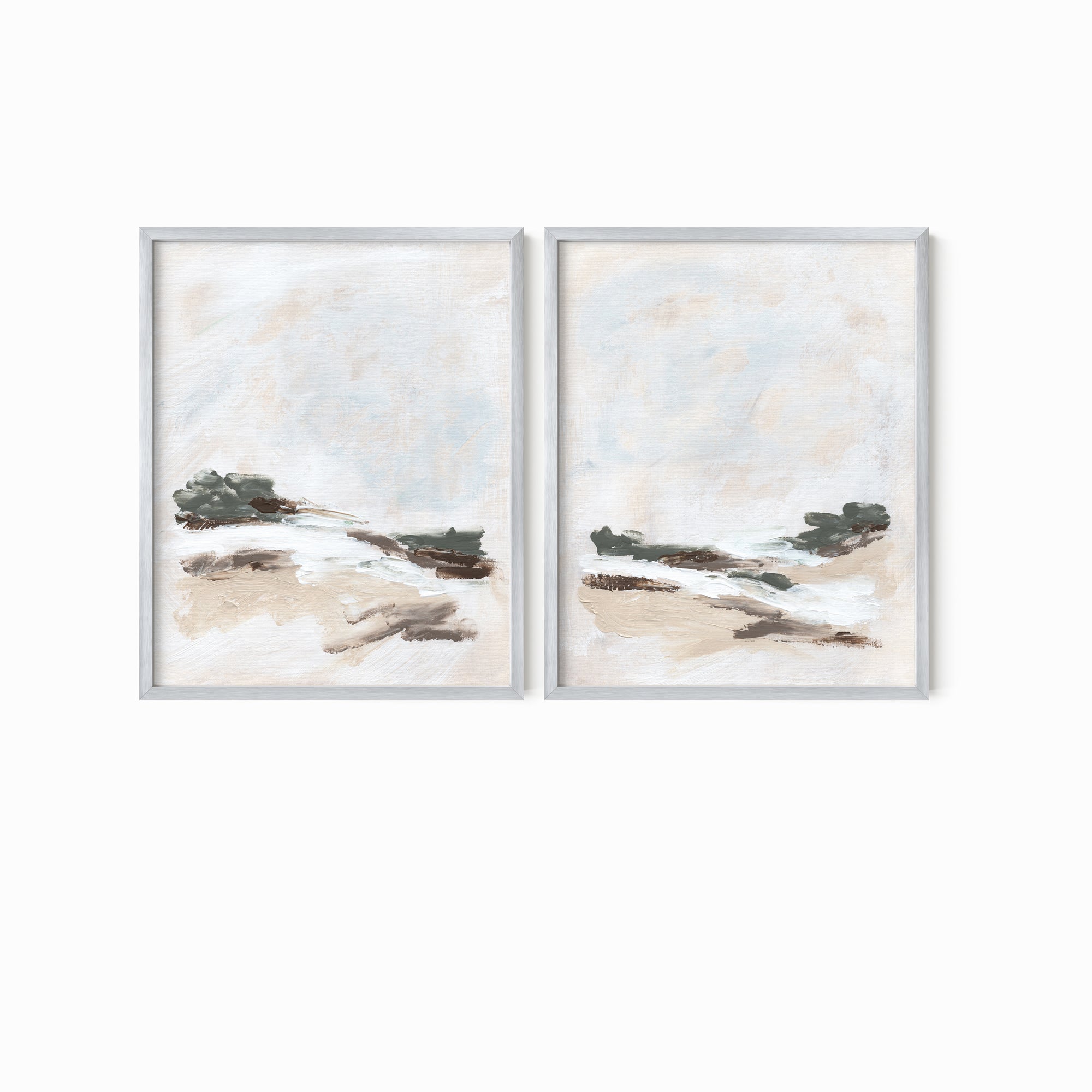 Set of 2 Kindred - abstract landscape original painting fine are print set of 2 (diptych) in muted green, beige, brown, white, light gray and white; framed in silver metal by NLS Design. Large neutral wall art for living rooms, bedrooms, entryways, offices, bathrooms, and above sofas and beds. Modern farmhouse, rustic, modern, minimalist, vintage design. nlsdesignllc.com