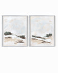 Set of 2 Kindred - abstract landscape original painting fine are print set of 2 (diptych) in muted green, beige, brown, white, light gray and white; framed in silver metal by NLS Design. Large neutral wall art for living rooms, bedrooms, entryways, offices, bathrooms, and above sofas and beds. Modern farmhouse, rustic, modern, minimalist, vintage design. nlsdesignllc.com
