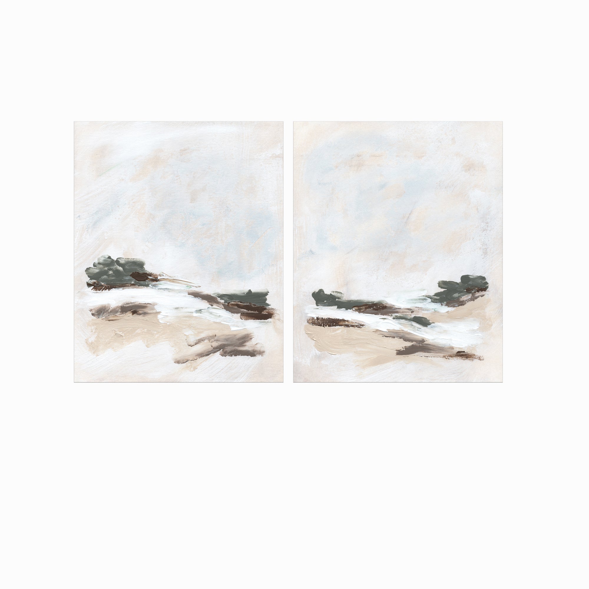 Set of 2 Kindred - abstract landscape original painting fine are print set of 2 (diptych) in muted green, beige, brown, white, light gray and white; unframed by NLS Design. Large neutral wall art for living rooms, bedrooms, entryways, offices, bathrooms, and above sofas and beds. Modern farmhouse, rustic, modern, minimalist, vintage design. nlsdesignllc.com