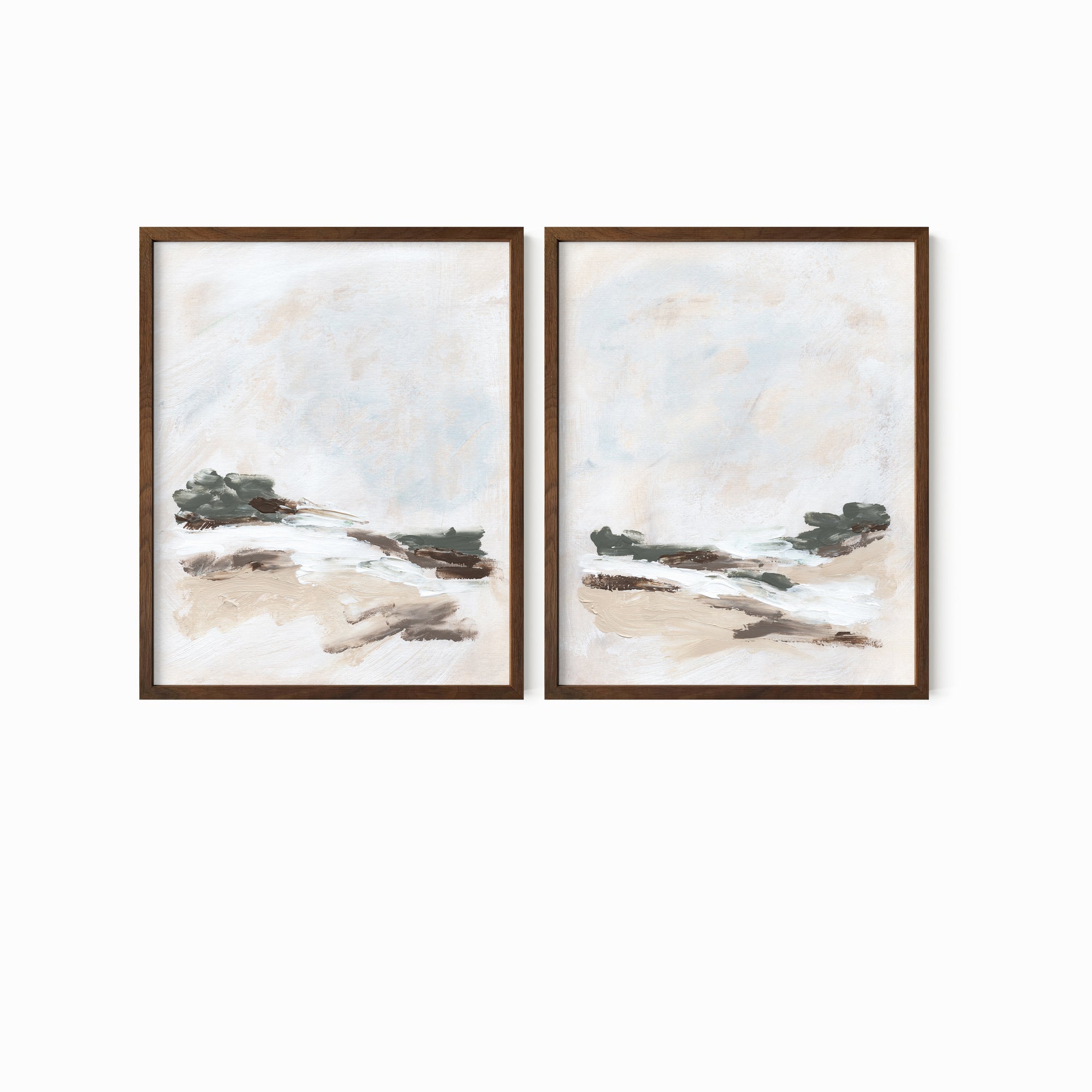 Set of 2 Kindred - abstract landscape original painting fine are print set of 2 (diptych) in muted green, beige, brown, white, light gray and white; framed in walnut oak by NLS Design. Large neutral wall art for living rooms, bedrooms, entryways, offices, bathrooms, and above sofas and beds. Modern farmhouse, rustic, modern, minimalist, vintage design. nlsdesignllc.com