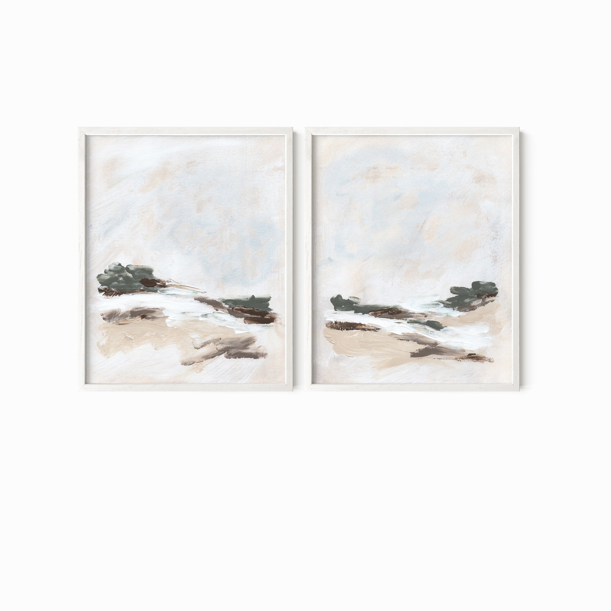 Set of 2 Kindred - abstract landscape original painting fine are print set of 2 (diptych) in muted green, beige, brown, white, light gray and white; framed in white oak by NLS Design. Large neutral wall art for living rooms, bedrooms, entryways, offices, bathrooms, and above sofas and beds. Modern farmhouse, rustic, modern, minimalist, vintage design. nlsdesignllc.com