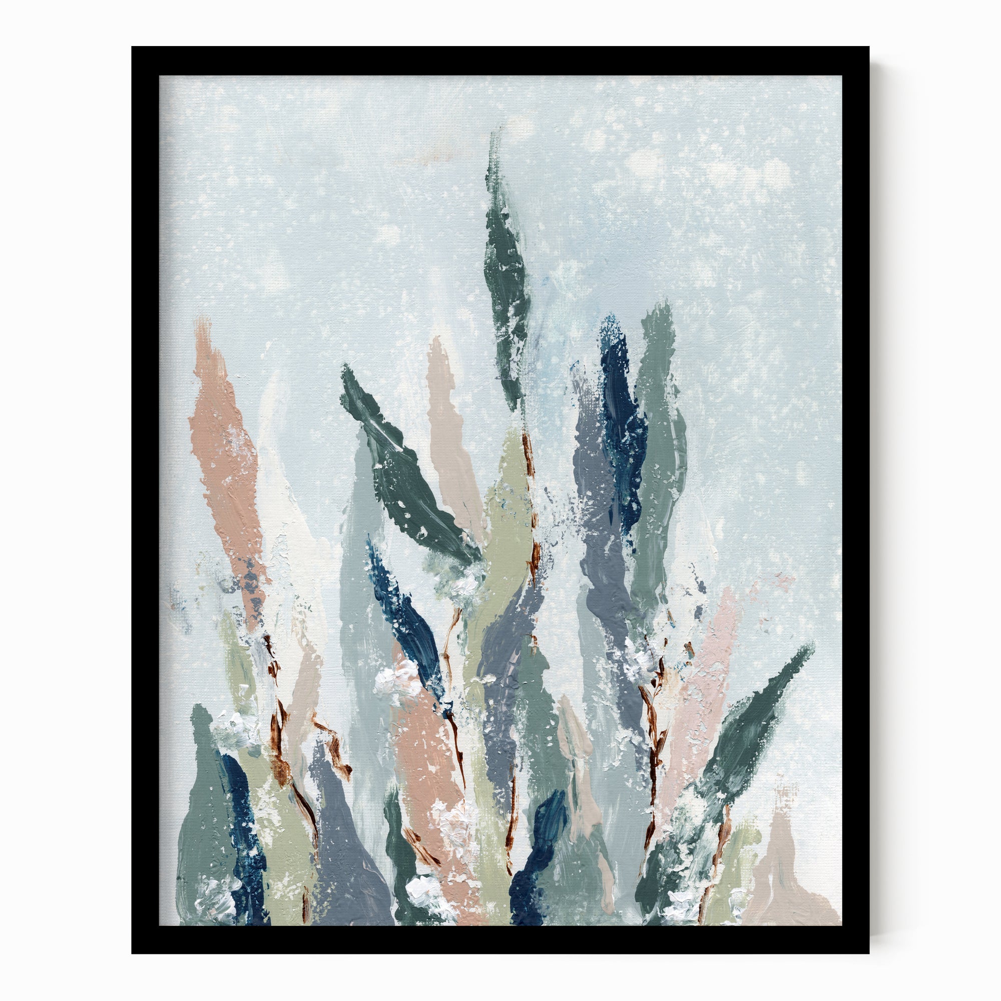 Lifted - A vertical, botanical leaves composition built from pale blue gray and blue greens layered with eucalyptus green, muted terra cotta, dusty mauve pink, beige, cognac brown, deep ; framed in black oak by NLS Design. Large neutral wall art for living rooms, bedrooms, entryways, offices, bathrooms, and above the couch and bed. Modern organic farmhouse, cottage, rustic impressionistic, country, shabby chic, minimalist, muted.  Real art by a real artist - NO AI. nlsdesignllc.com