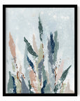 Lifted - A vertical, botanical leaves composition built from pale blue gray and blue greens layered with eucalyptus green, muted terra cotta, dusty mauve pink, beige, cognac brown, deep ; framed in black oak by NLS Design. Large neutral wall art for living rooms, bedrooms, entryways, offices, bathrooms, and above the couch and bed. Modern organic farmhouse, cottage, rustic impressionistic, country, shabby chic, minimalist, muted.  Real art by a real artist - NO AI. nlsdesignllc.com