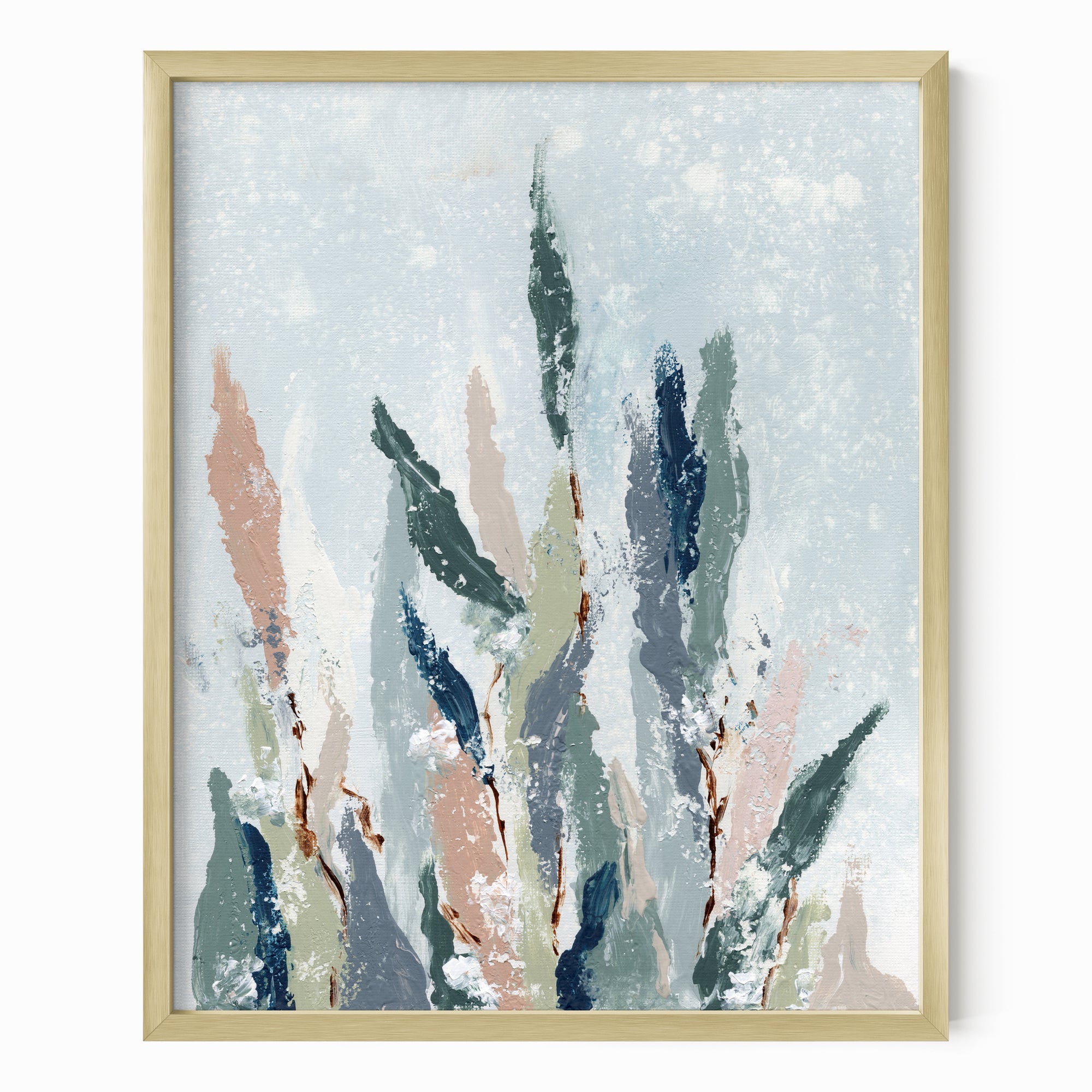 Lifted - A vertical, botanical leaves composition built from pale blue gray and blue greens layered with eucalyptus green, muted terra cotta, dusty mauve pink, beige, cognac brown, deep ; framed in gold metal by NLS Design. Large neutral wall art for living rooms, bedrooms, entryways, offices, bathrooms, and above the couch and bed. Modern organic farmhouse, cottage, rustic impressionistic, country, shabby chic, minimalist, muted.  Real art by a real artist - NO AI. nlsdesignllc.com
