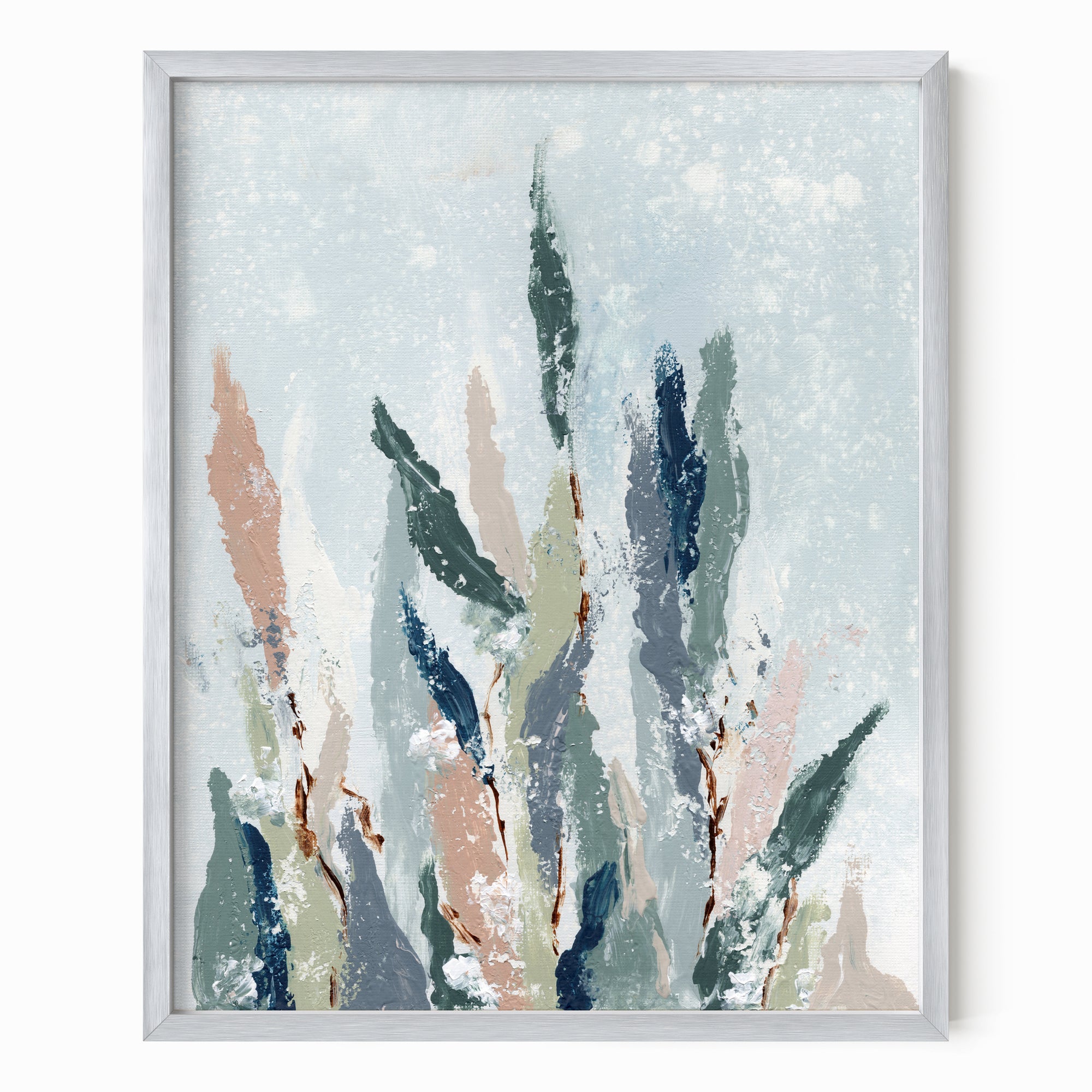 Lifted - A vertical, botanical leaves composition built from pale blue gray and blue greens layered with eucalyptus green, muted terra cotta, dusty mauve pink, beige, cognac brown, deep ; framed in silver metal by NLS Design. Large neutral wall art for living rooms, bedrooms, entryways, offices, bathrooms, and above the couch and bed. Modern organic farmhouse, cottage, rustic impressionistic, country, shabby chic, minimalist, muted.  Real art by a real artist - NO AI. nlsdesignllc.com
