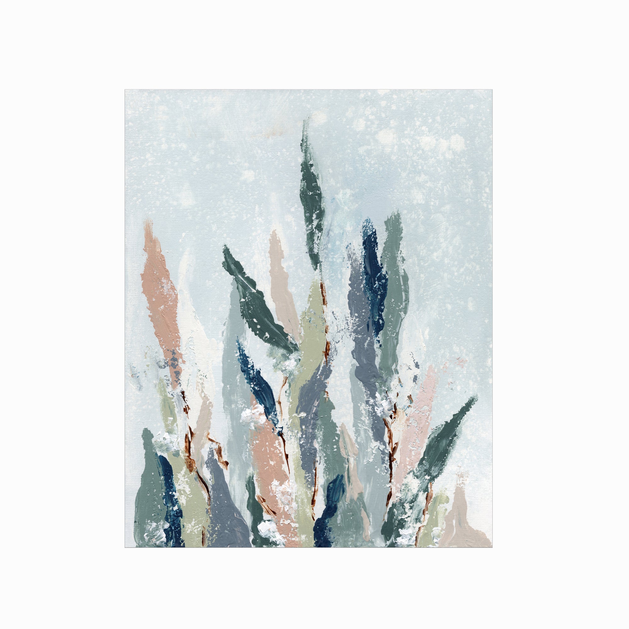 Lifted - A vertical, botanical leaves composition built from pale blue gray and blue greens layered with eucalyptus green, muted terra cotta, dusty mauve pink, beige, cognac brown, deep ; unframed by NLS Design. Large neutral wall art for living rooms, bedrooms, entryways, offices, bathrooms, and above the couch and bed. Modern organic farmhouse, cottage, rustic impressionistic, country, shabby chic, minimalist, muted.  Real art by a real artist - NO AI. nlsdesignllc.com