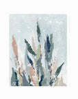 Lifted - A vertical, botanical leaves composition built from pale blue gray and blue greens layered with eucalyptus green, muted terra cotta, dusty mauve pink, beige, cognac brown, deep ; unframed by NLS Design. Large neutral wall art for living rooms, bedrooms, entryways, offices, bathrooms, and above the couch and bed. Modern organic farmhouse, cottage, rustic impressionistic, country, shabby chic, minimalist, muted.  Real art by a real artist - NO AI. nlsdesignllc.com