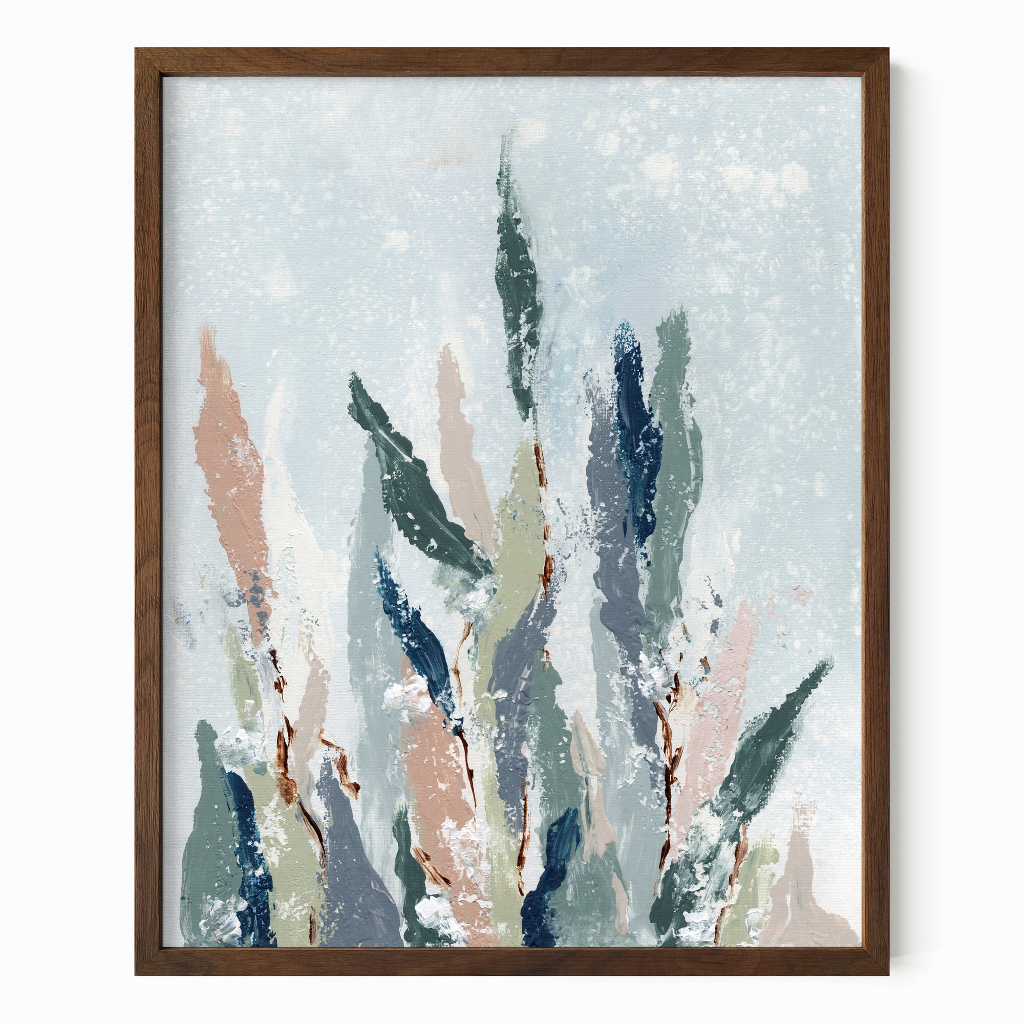 Lifted - A vertical, botanical leaves composition built from pale blue gray and blue greens layered with eucalyptus green, muted terra cotta, dusty mauve pink, beige, cognac brown, deep ; framed in walnut oak by NLS Design. Large neutral wall art for living rooms, bedrooms, entryways, offices, bathrooms, and above the couch and bed. Modern organic farmhouse, cottage, rustic impressionistic, country, shabby chic, minimalist, muted.  Real art by a real artist - NO AI. nlsdesignllc.com