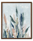 Lifted - A vertical, botanical leaves composition built from pale blue gray and blue greens layered with eucalyptus green, muted terra cotta, dusty mauve pink, beige, cognac brown, deep ; framed in walnut oak by NLS Design. Large neutral wall art for living rooms, bedrooms, entryways, offices, bathrooms, and above the couch and bed. Modern organic farmhouse, cottage, rustic impressionistic, country, shabby chic, minimalist, muted.  Real art by a real artist - NO AI. nlsdesignllc.com