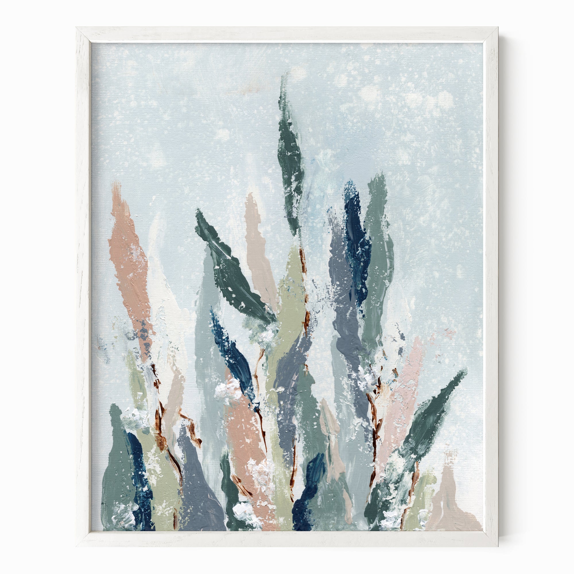 Lifted - A vertical, botanical leaves composition built from pale blue gray and blue greens layered with eucalyptus green, muted terra cotta, dusty mauve pink, beige, cognac brown, deep ; framed in white oak by NLS Design. Large neutral wall art for living rooms, bedrooms, entryways, offices, bathrooms, and above the couch and bed. Modern organic farmhouse, cottage, rustic impressionistic, country, shabby chic, minimalist, muted.  Real art by a real artist - NO AI. nlsdesignllc.com