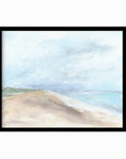 Linen Sky - abstract beach coastal landscape original painting fine are print in light blue, blue, turquoise, green beige gray, brown and white; framed in black oak by NLS Design. Large neutral wall art for living rooms, bedrooms, entryways, offices, bathrooms, and above sofas and beds. Modern seaside coastal minimalistic open clouds sky sand airy soft design. nlsdesignllc.com