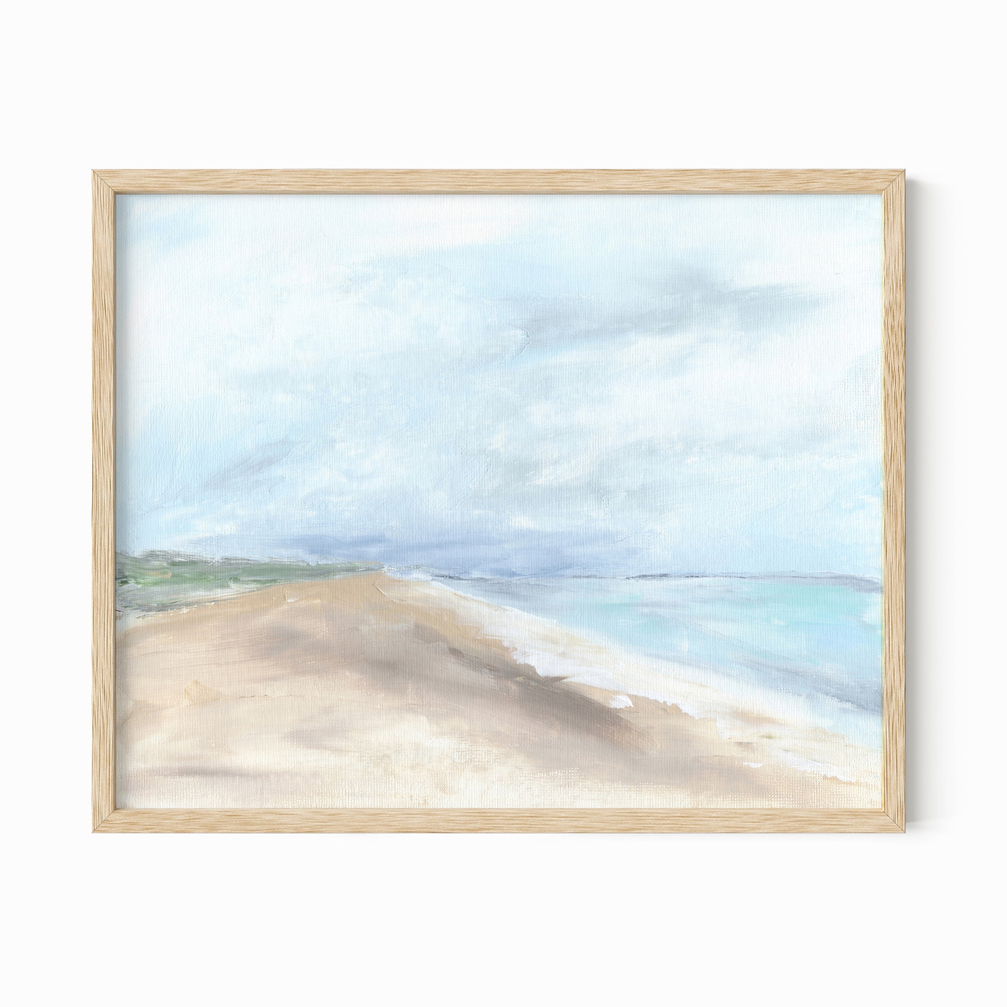 Linen Sky - abstract beach coastal landscape original painting fine are print in light blue, blue, turquoise, green beige gray, brown and white; framed in natural oak by NLS Design. Large neutral wall art for living rooms, bedrooms, entryways, offices, bathrooms, and above sofas and beds. Modern seaside coastal minimalistic open clouds sky sand airy soft design. nlsdesignllc.com