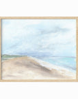 Linen Sky - abstract beach coastal landscape original painting fine are print in light blue, blue, turquoise, green beige gray, brown and white; framed in natural oak by NLS Design. Large neutral wall art for living rooms, bedrooms, entryways, offices, bathrooms, and above sofas and beds. Modern seaside coastal minimalistic open clouds sky sand airy soft design. nlsdesignllc.com