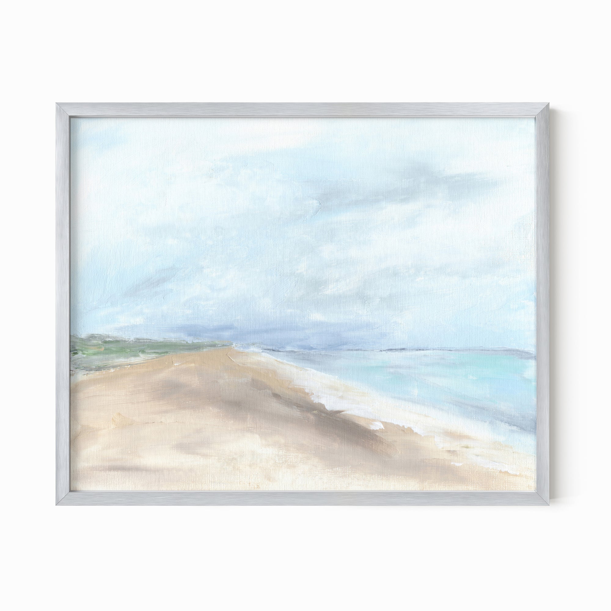 Linen Sky - abstract beach coastal landscape original painting fine are print in light blue, blue, turquoise, green beige gray, brown and white; framed in silver metal by NLS Design. Large neutral wall art for living rooms, bedrooms, entryways, offices, bathrooms, and above sofas and beds. Modern seaside coastal minimalistic open clouds sky sand airy soft design. nlsdesignllc.com