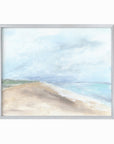 Linen Sky - abstract beach coastal landscape original painting fine are print in light blue, blue, turquoise, green beige gray, brown and white; framed in silver metal by NLS Design. Large neutral wall art for living rooms, bedrooms, entryways, offices, bathrooms, and above sofas and beds. Modern seaside coastal minimalistic open clouds sky sand airy soft design. nlsdesignllc.com