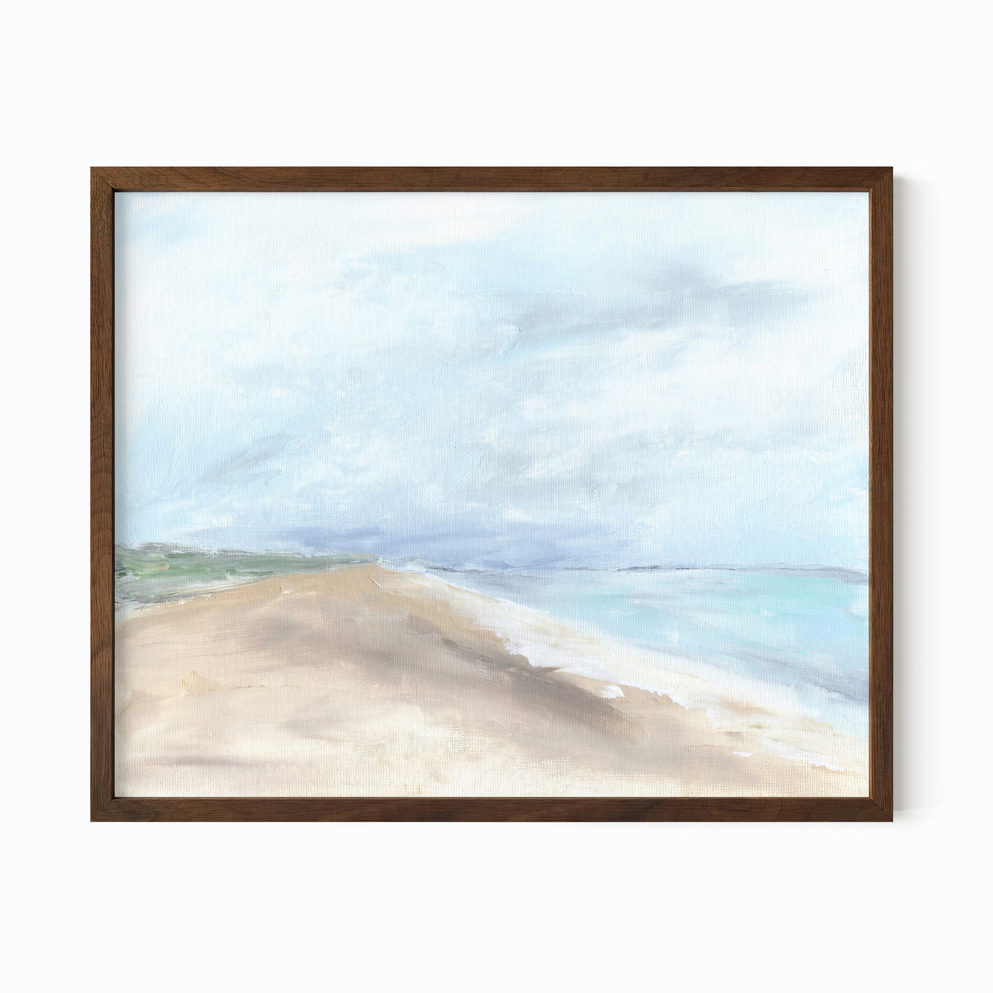 Linen Sky - abstract beach coastal landscape original painting fine are print in light blue, blue, turquoise, green beige gray, brown and white; framed in walnut oak by NLS Design. Large neutral wall art for living rooms, bedrooms, entryways, offices, bathrooms, and above sofas and beds. Modern seaside coastal minimalistic open clouds sky sand airy soft design. nlsdesignllc.com