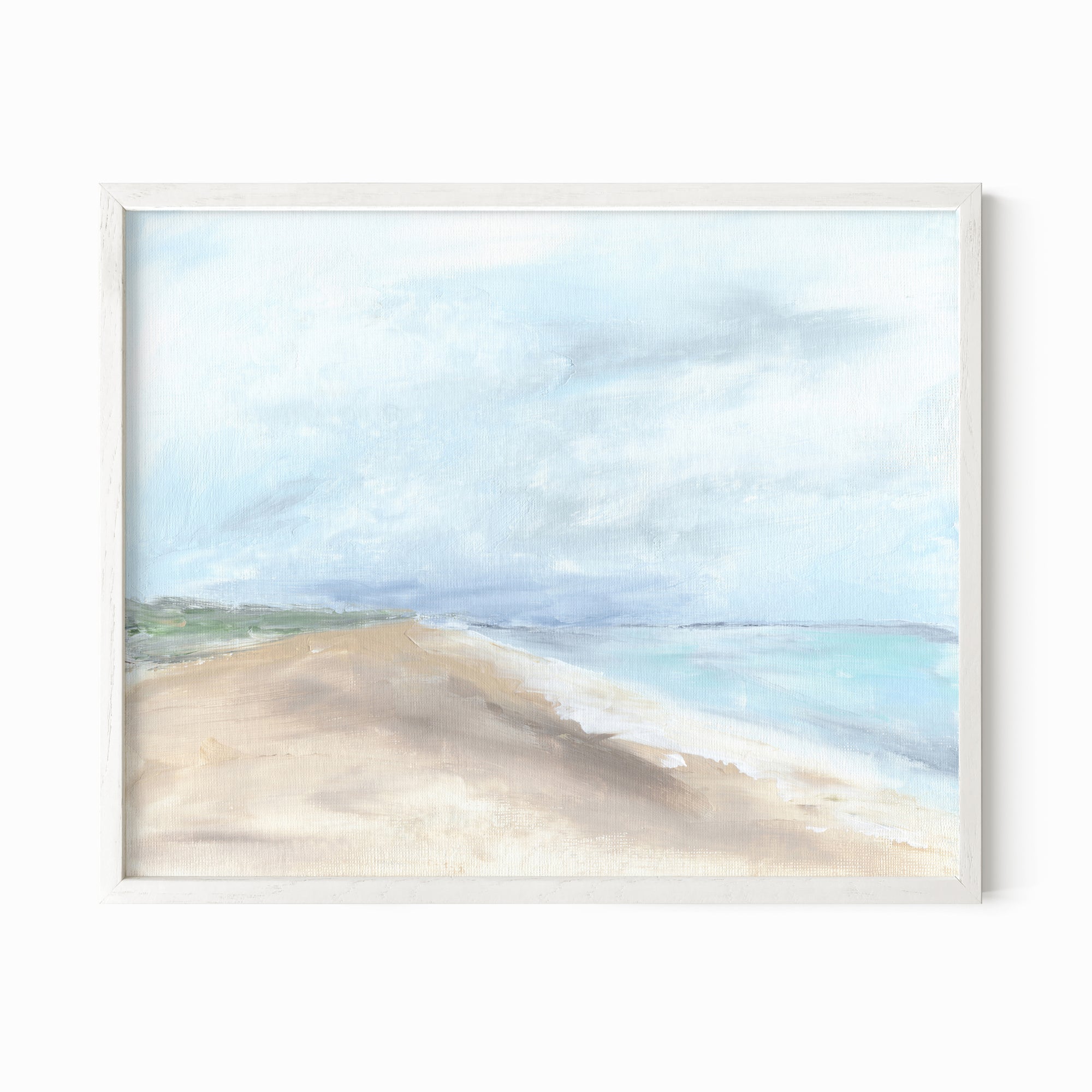 Linen Sky - abstract beach coastal landscape original painting fine are print in light blue, blue, turquoise, green beige gray, brown and white; framed in white oak by NLS Design. Large neutral wall art for living rooms, bedrooms, entryways, offices, bathrooms, and above sofas and beds. Modern seaside coastal minimalistic open clouds sky sand airy soft design. nlsdesignllc.com