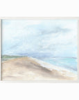 Linen Sky - abstract beach coastal landscape original painting fine are print in light blue, blue, turquoise, green beige gray, brown and white; framed in white oak by NLS Design. Large neutral wall art for living rooms, bedrooms, entryways, offices, bathrooms, and above sofas and beds. Modern seaside coastal minimalistic open clouds sky sand airy soft design. nlsdesignllc.com