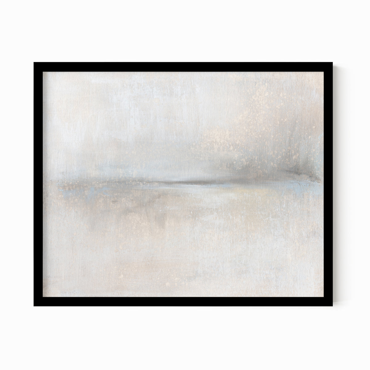 Moment - soft neutral abstract landscape original painting fine are print in beige, pale gray, greige, cream, white, soft charcoal gray, and light blue gray; framed in black oak by NLS Design. Large neutral gallery wall art for living rooms, bedrooms, entryways, offices, bathrooms, and above sofas and beds. Modern minimalist quiet luxury, sophisticated, muted earth tones, contemporary art. Artwork by NLS Design, nlsdesignllc.com. Real art by a real artist - NO AI. 