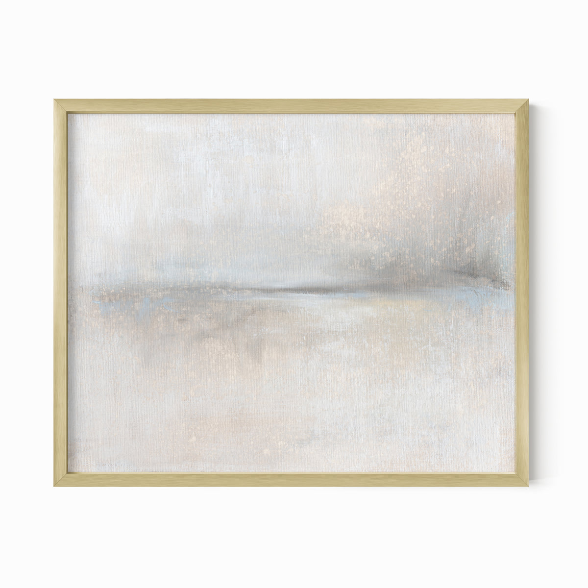 Moment - soft neutral abstract landscape original painting fine are print in beige, pale gray, greige, cream, white, soft charcoal gray, and light blue gray; framed in gold metal by NLS Design. Large neutral gallery wall art for living rooms, bedrooms, entryways, offices, bathrooms, and above sofas and beds. Modern minimalist quiet luxury, sophisticated, muted earth tones, contemporary art. Artwork by NLS Design, nlsdesignllc.com. Real art by a real artist - NO AI. 