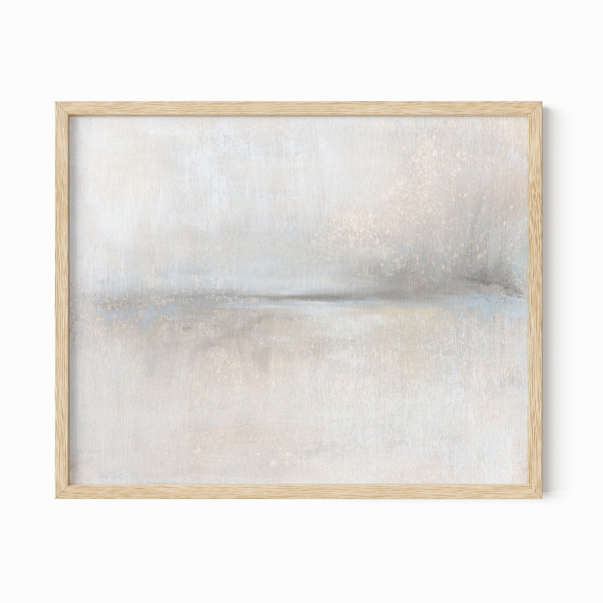 Moment - soft neutral abstract landscape original painting fine are print in beige, pale gray, greige, cream, white, soft charcoal gray, and light blue gray; framed in natural oak by NLS Design. Large neutral gallery wall art for living rooms, bedrooms, entryways, offices, bathrooms, and above sofas and beds. Modern minimalist quiet luxury, sophisticated, muted earth tones, contemporary art. Artwork by NLS Design, nlsdesignllc.com. Real art by a real artist - NO AI. 