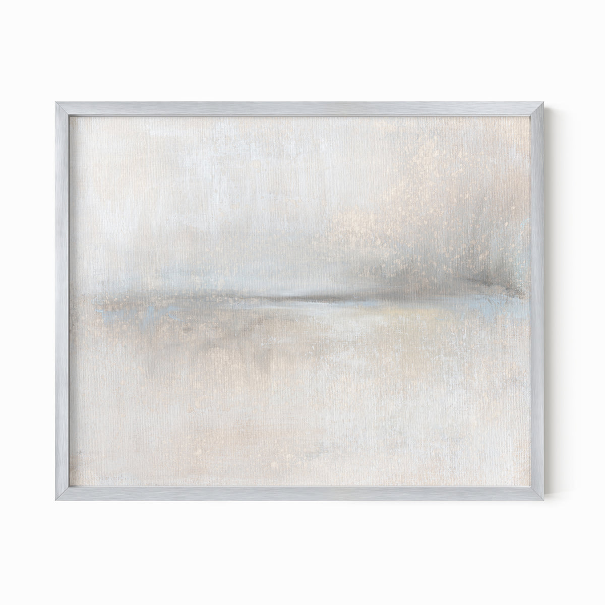Moment - soft neutral abstract landscape original painting fine are print in beige, pale gray, greige, cream, white, soft charcoal gray, and light blue gray; framed in silver metal by NLS Design. Large neutral gallery wall art for living rooms, bedrooms, entryways, offices, bathrooms, and above sofas and beds. Modern minimalist quiet luxury, sophisticated, muted earth tones, contemporary art. Artwork by NLS Design, nlsdesignllc.com. Real art by a real artist - NO AI. 